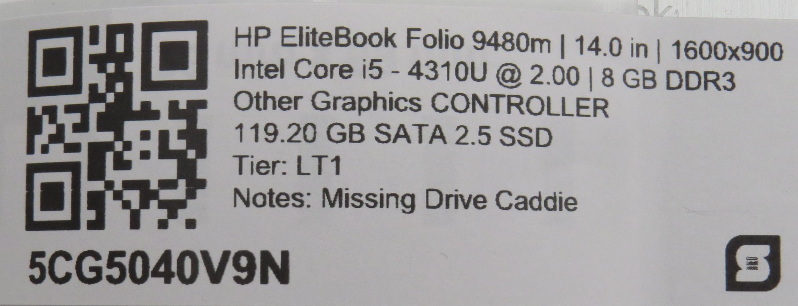 HP EliteBook Folio 9480m i5-4310U @ 2GHz 8GB DDR3 119GB m2 14″ No OS
