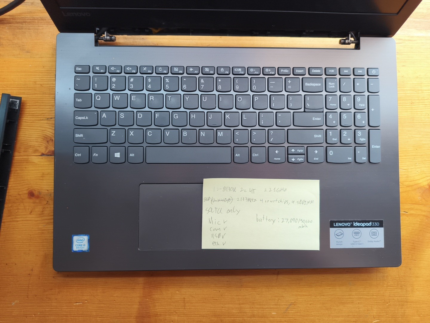 Lenovo Ideapad 330S-15IKB i3-8130U 8GB RAM No Hard Drive Laptop, Chin Bezel Off