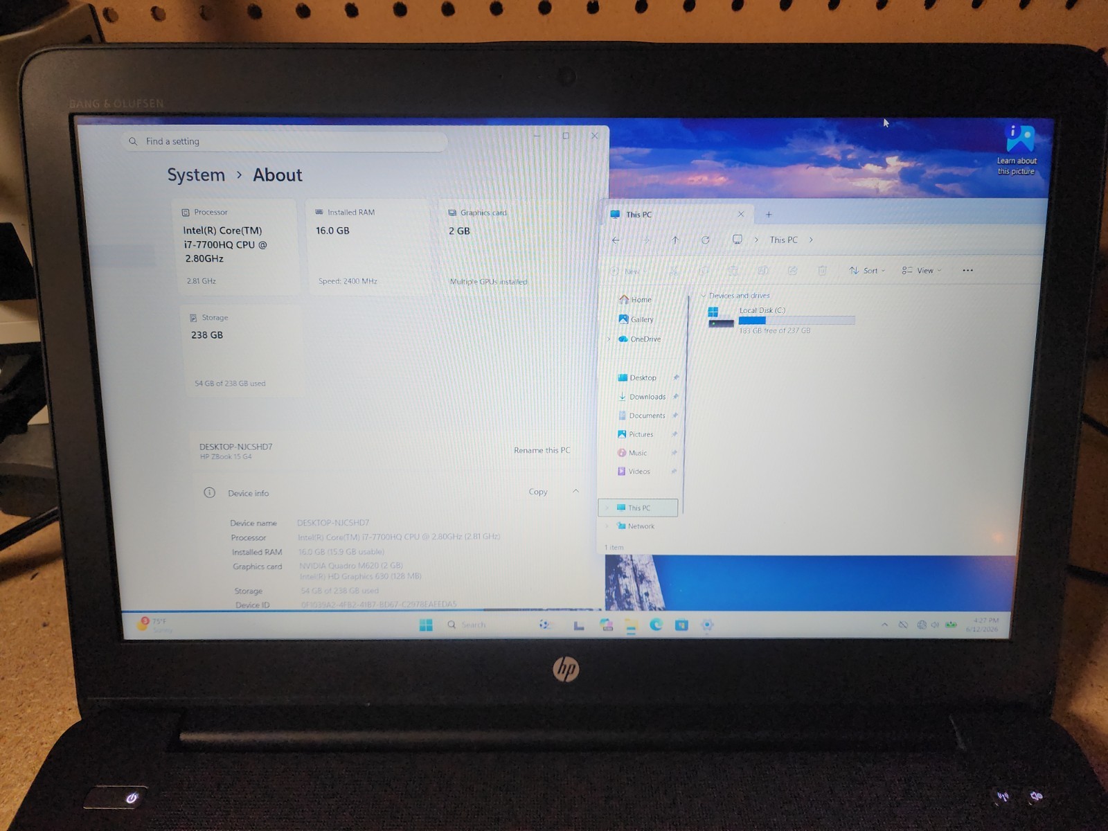 HP ZBook 15 G4 15.6″ i7-7700HQ 2.8GHz 16GB RAM 256GB SSD W11 Pro NVIDIA M620
