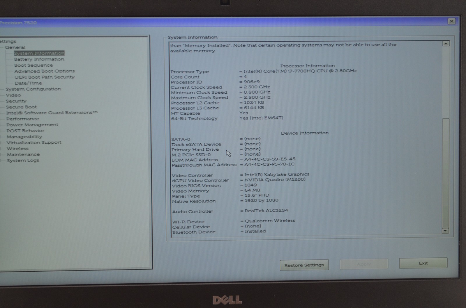Dell Precision 7520 i7-7700HQ 2.8GHz 16GB Ram No HDD Pro Quadro M1200 “Ex” Batt