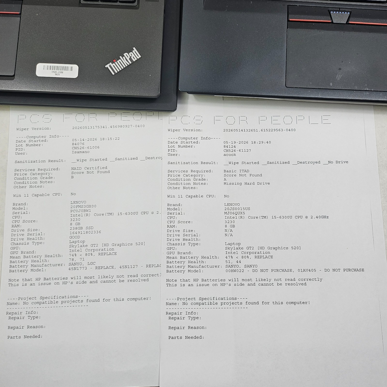 Lot of 9 Mixed Model Lenovo ThinkPad i5-6th-8th Gen 8GB RAM Mixed Specs *Read