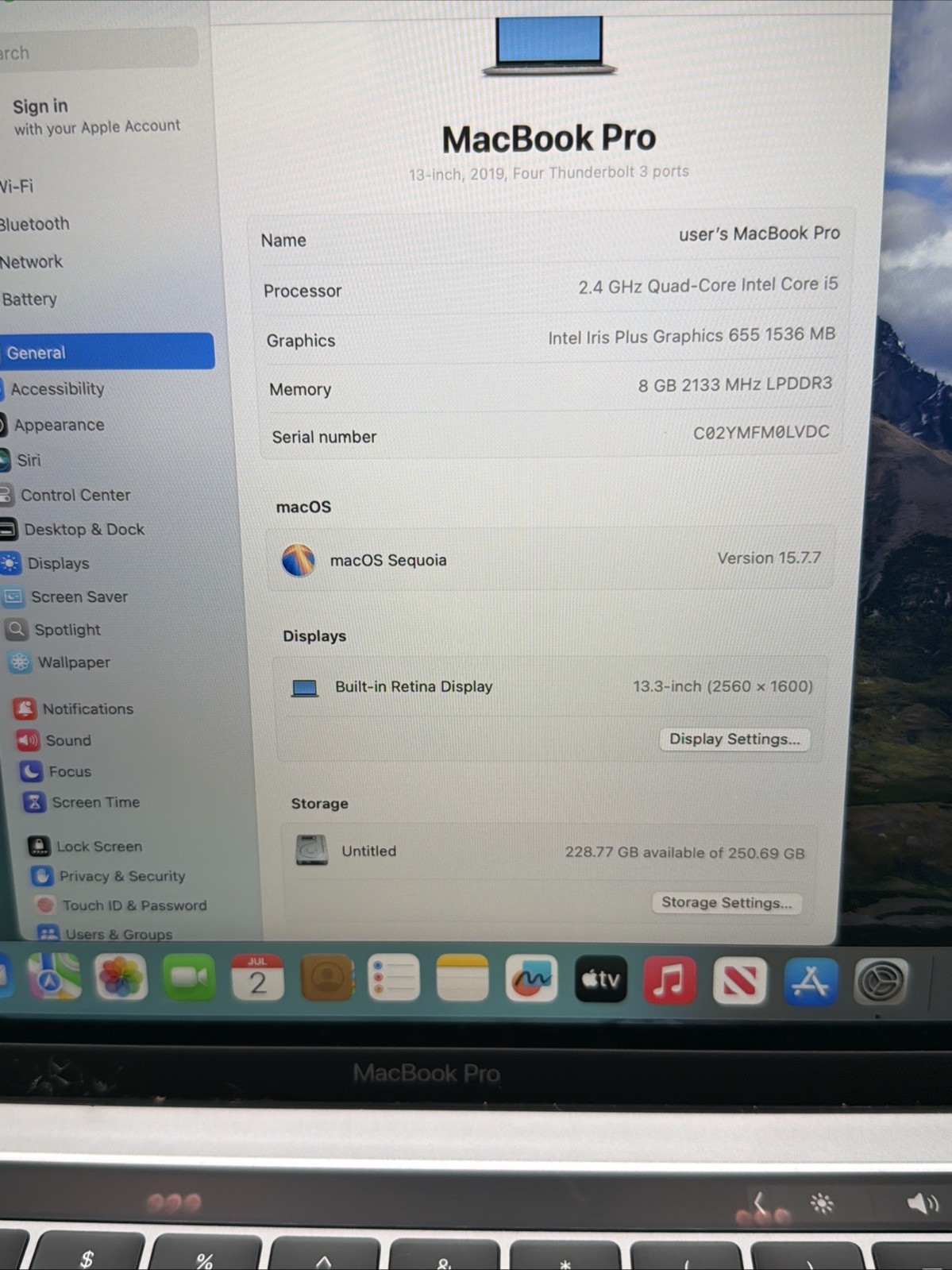 Apple MacBook Pro 13″ 2019 A1989 Touch Bar i5 2.4GHz 8GB RAM 256GB SSD Sequoia