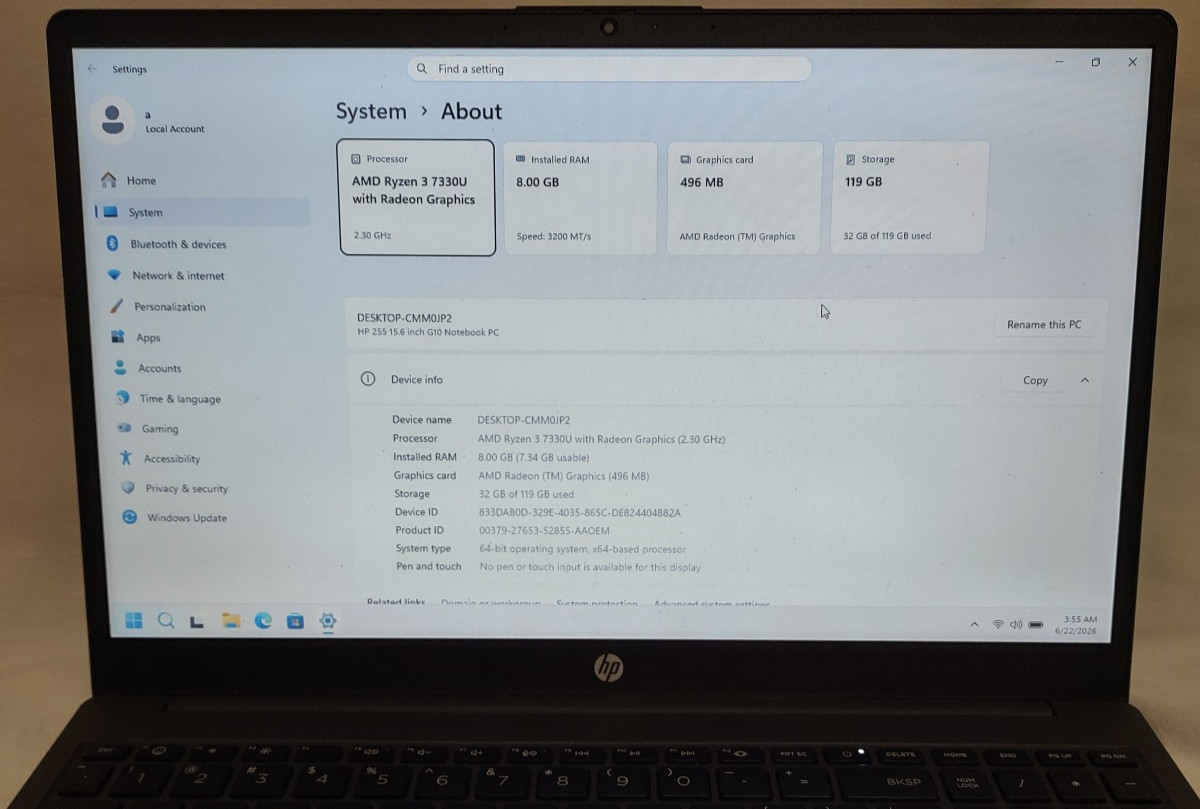 Used Laptop, Ryzen 3 7330U, 128GB SSD, 8GB DDR4, Win 11 Pro (See Notes)