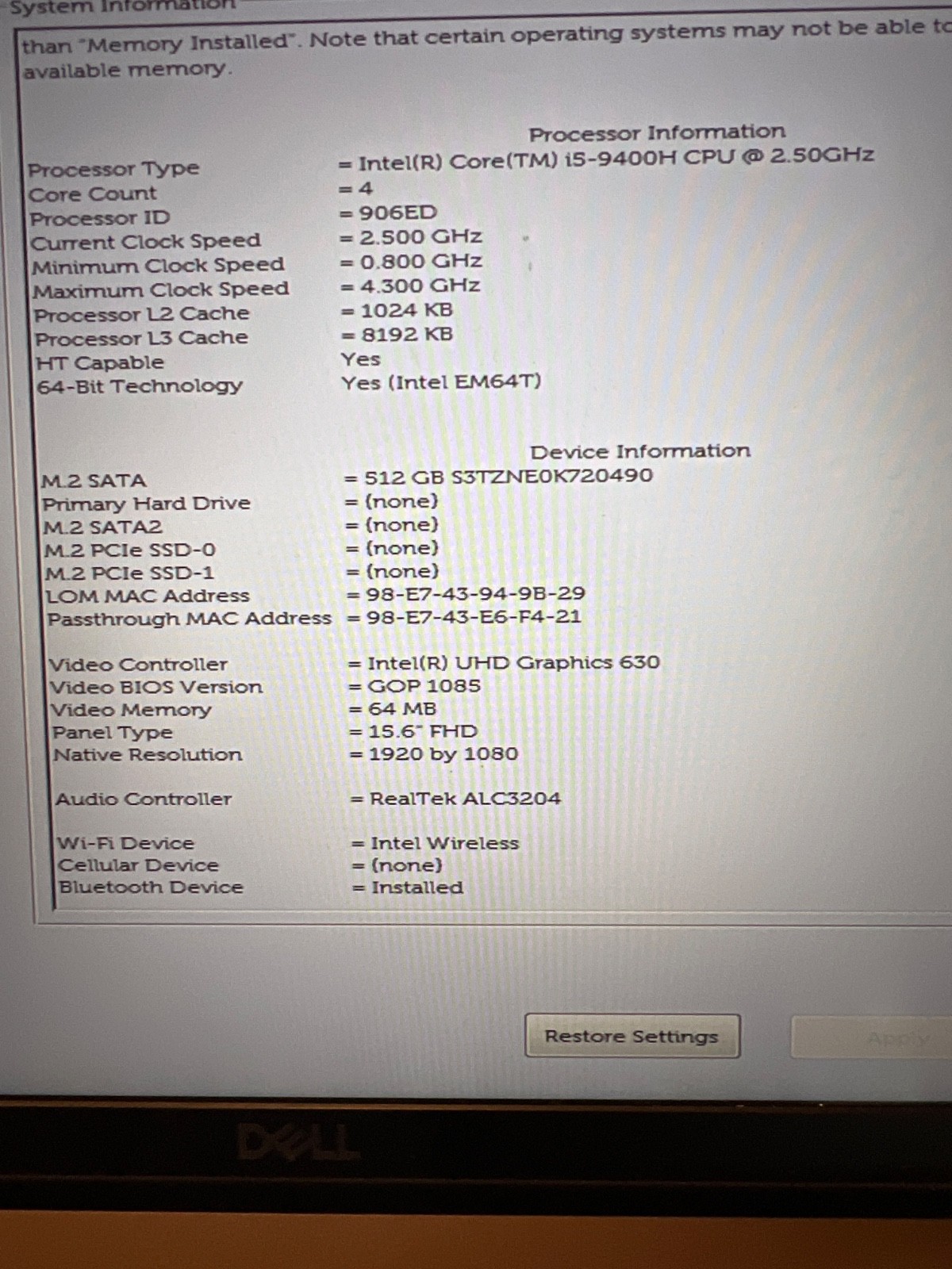 Dell Latitude 5501 Intel i5-9400H@2.5Ghz 16GB RAM 512GB M.2 SSD Win11 Pro &Chrgr
