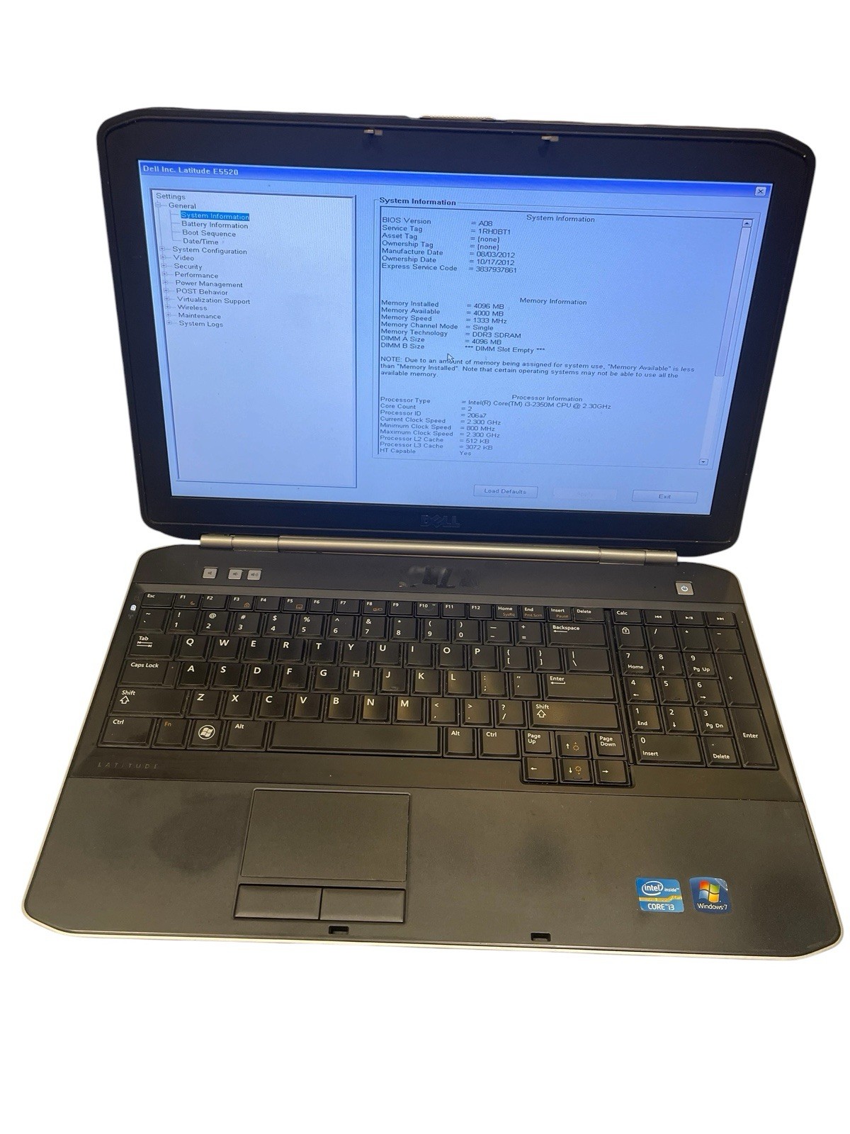 Dell Latitude E5520 i3-2350M CPU@2.30GHz No RAM No HDD/SSD NoOS Tested To Bios