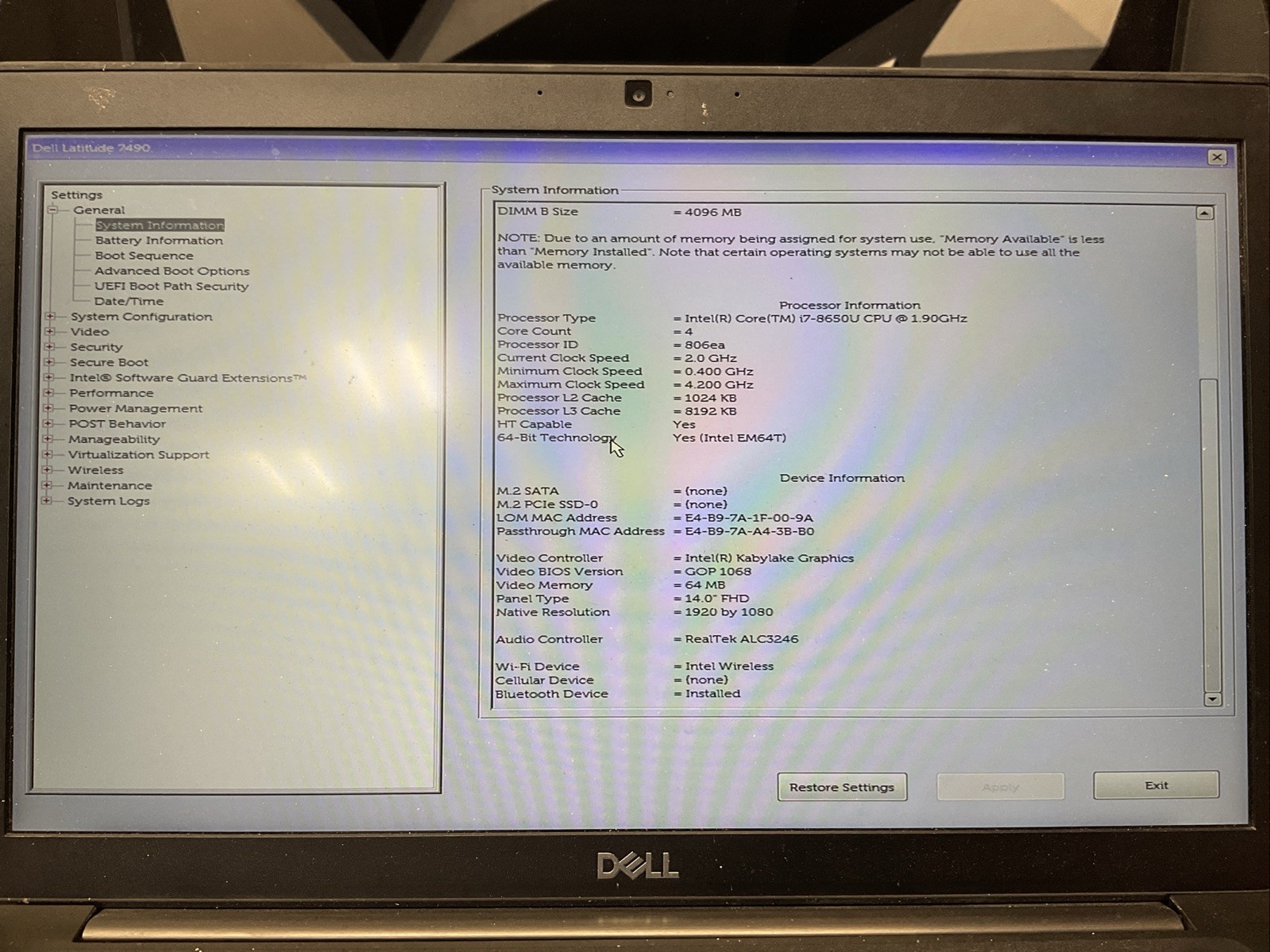 Dell Latitude 7490 / Intel Core i7 8th Gen / BIOS Unlocked / Parts Repair / J3