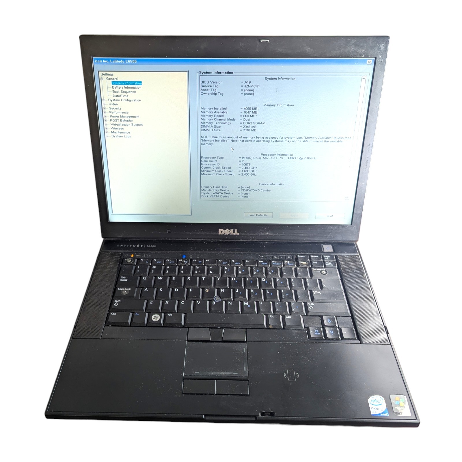 Dell Latitude E6500 Laptop Intel Core 2 Duo 2.40GHz 4GB RAM No HDD/OS **Turns On