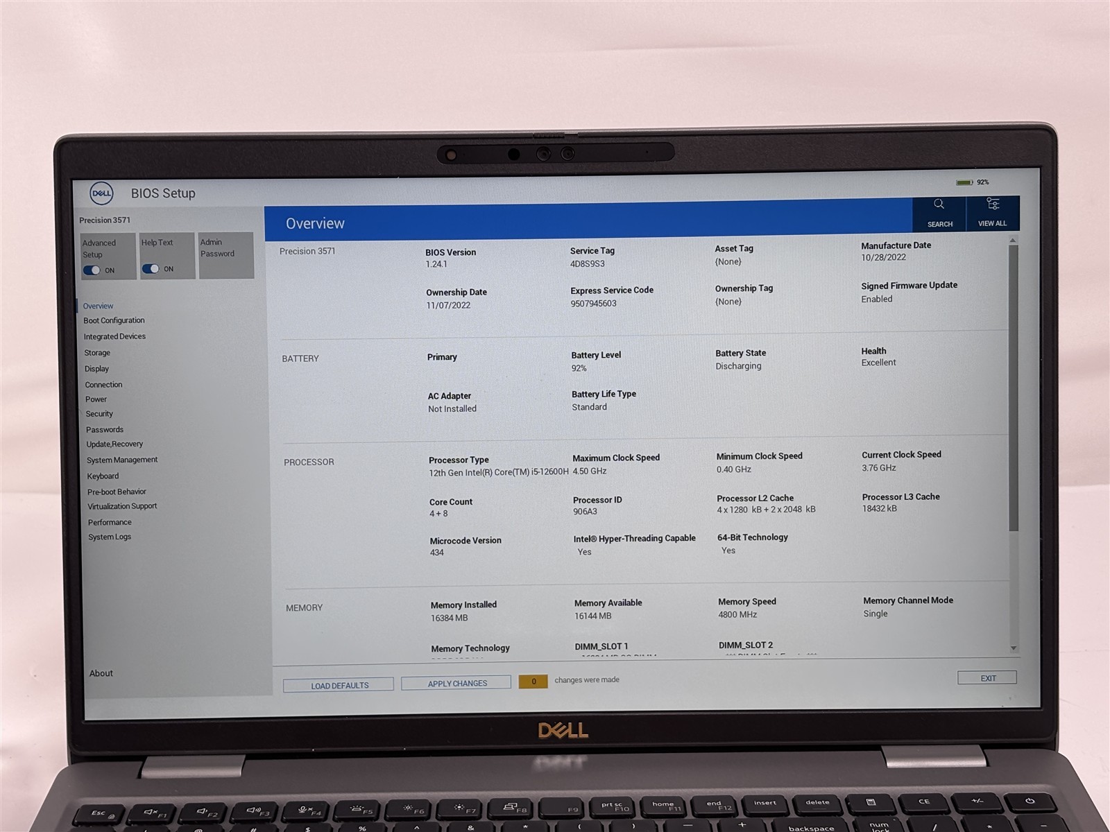 Dell Precision 3571 Intel Core i5-12600H 2.7GHz 16GB 256GB SSD 15.6″ NVIDIA T600