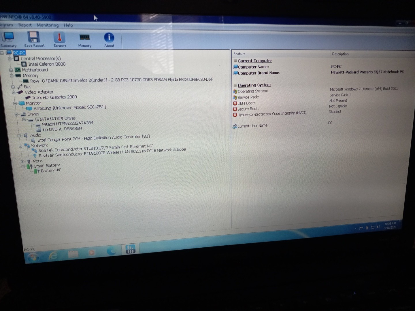 Compaq Presario CQ57 CQ57-339WM Intel Celeron B800 Laptop NO POWER CORD