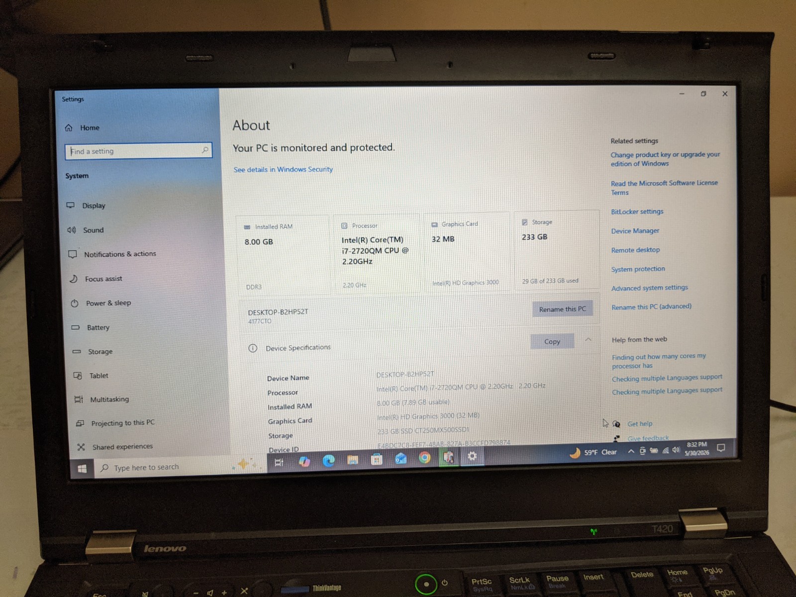 Lenovo ThinkPad T420 Quad Core i7 2720QM 8GB 250GB SSD Win 10 Pro – Grade A