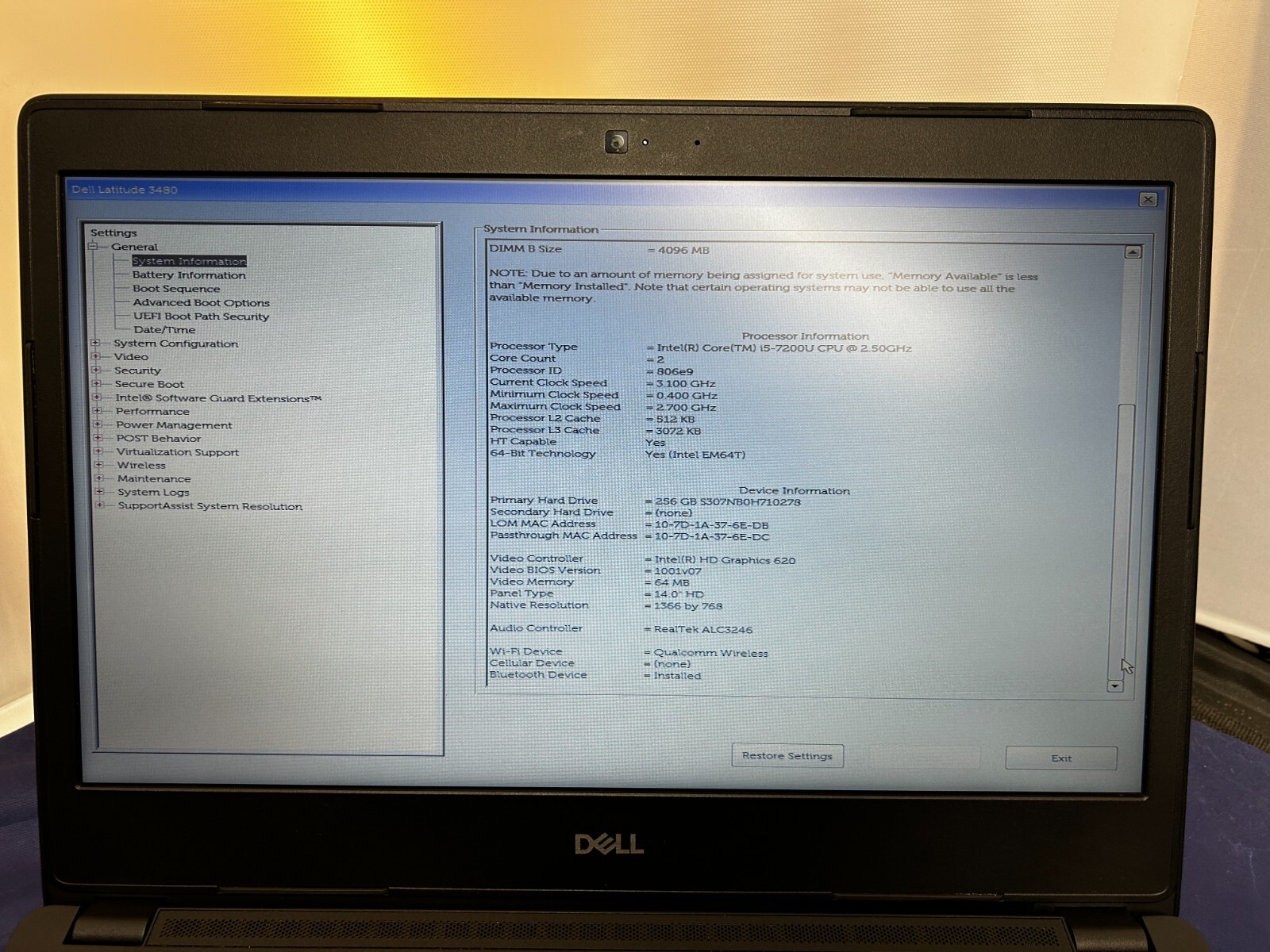DELL LATITUDE 3480 14″ INTEL CORE i5-7200U 2.50GHZ 8GB RAM 256GB SSD W10PRO