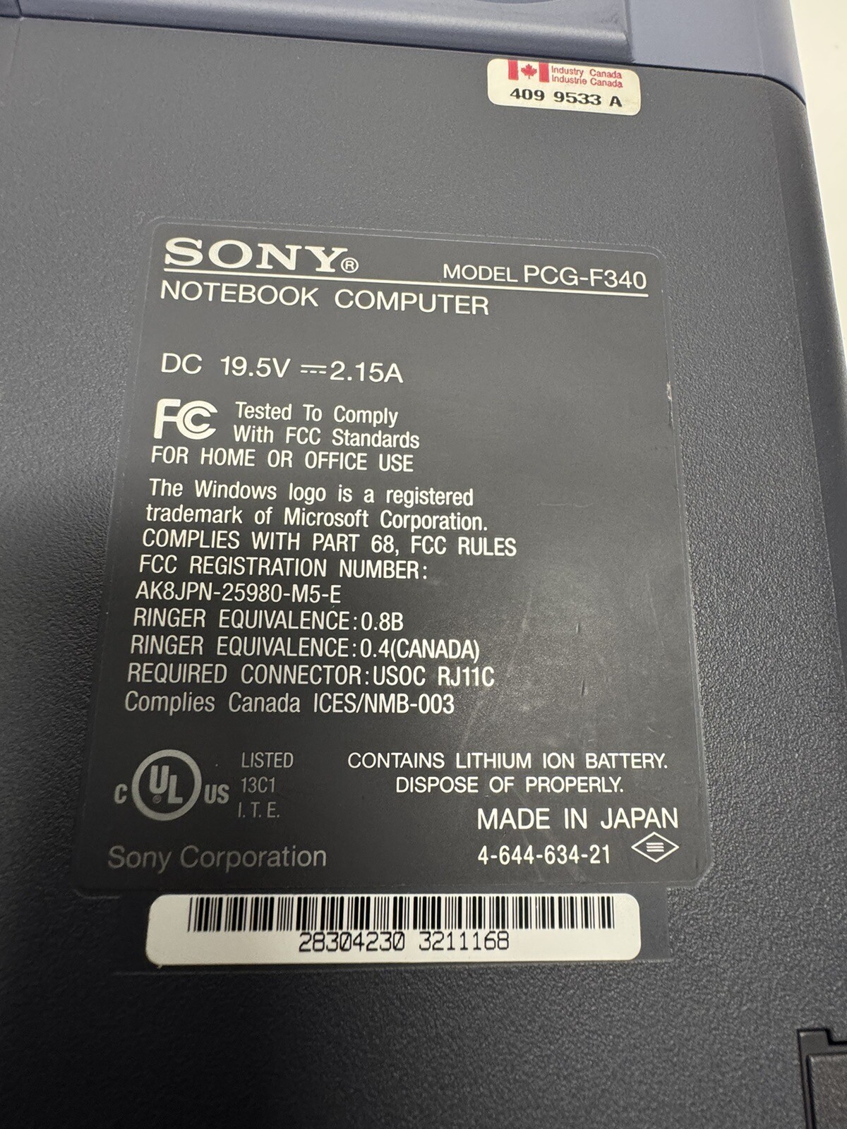 VINTAGE Sony VAIO PCG-F340 Laptop w/OEM Power Adapter For parts or repair.