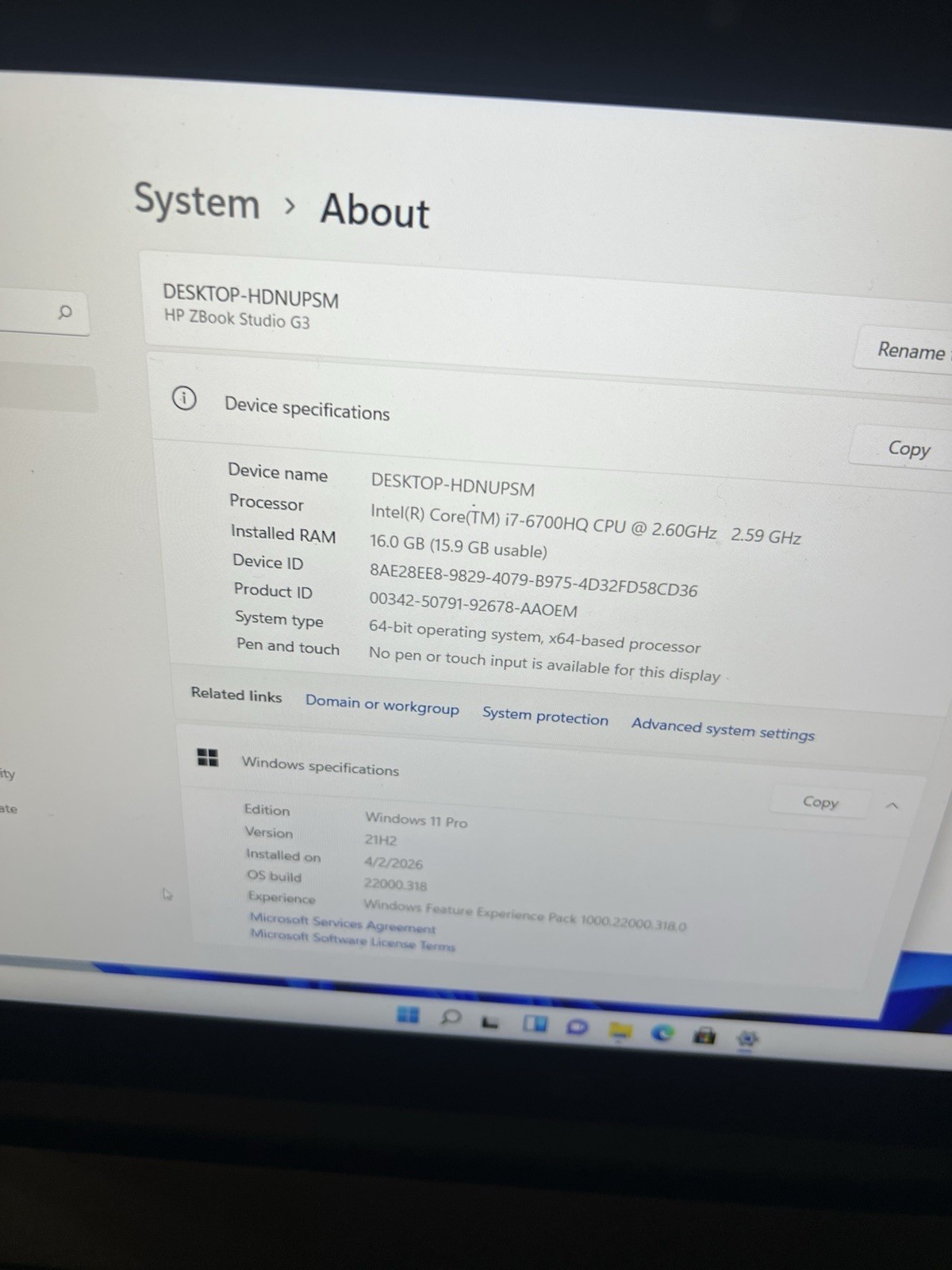 HP ZBook Studio G3 15.7″ i7-6700HQ 2.60Ghz 16GB 512GB SSD Win11