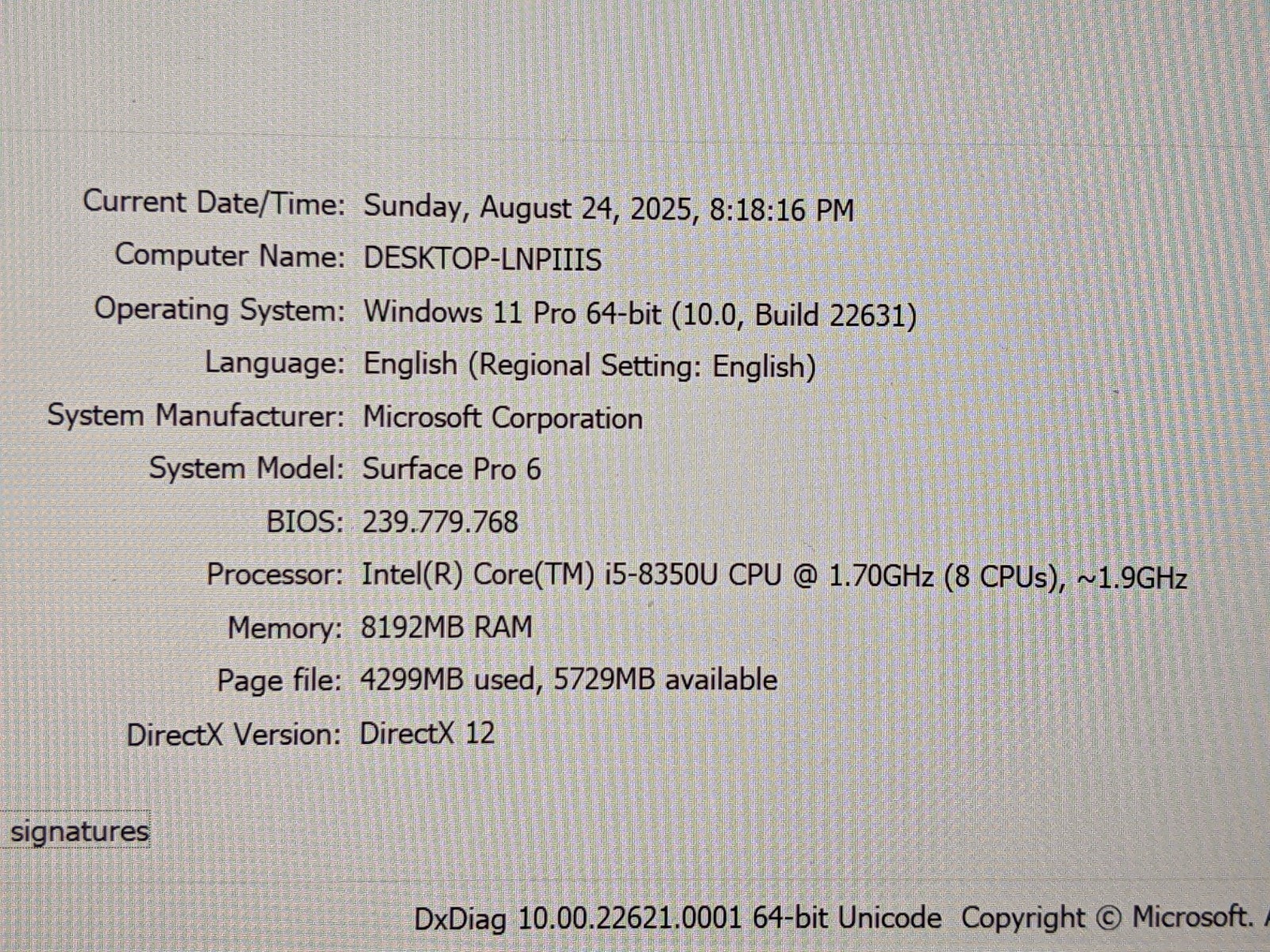 MS Surface Pro 6 1796 12.3″2736×1824 TOUCH Core i5-8th 1.7GHz 8GB 256GB SSD W11P