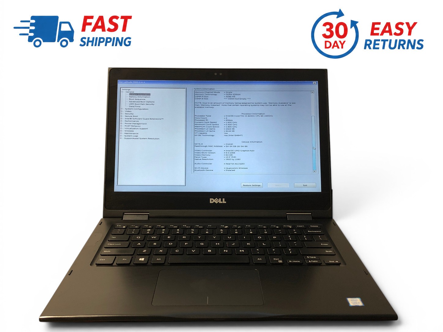 Dell Latitude 3390 13.3” Intel Core i5-8350U 1.6GHz NO HARDDRIVE AND MEMORY