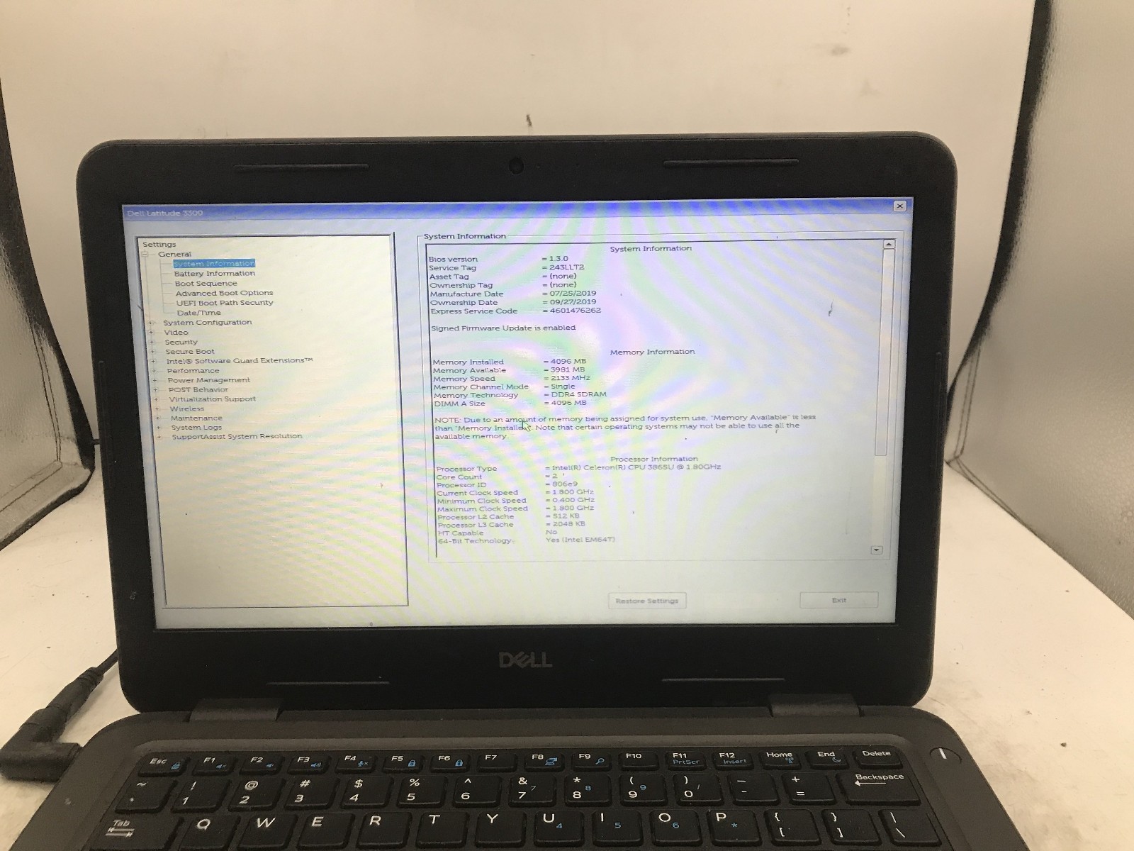DELL LATITUDE 3300 – BOOTS TO BIOS – INTEL CELERON 3865U – NO RAM – READ – BB