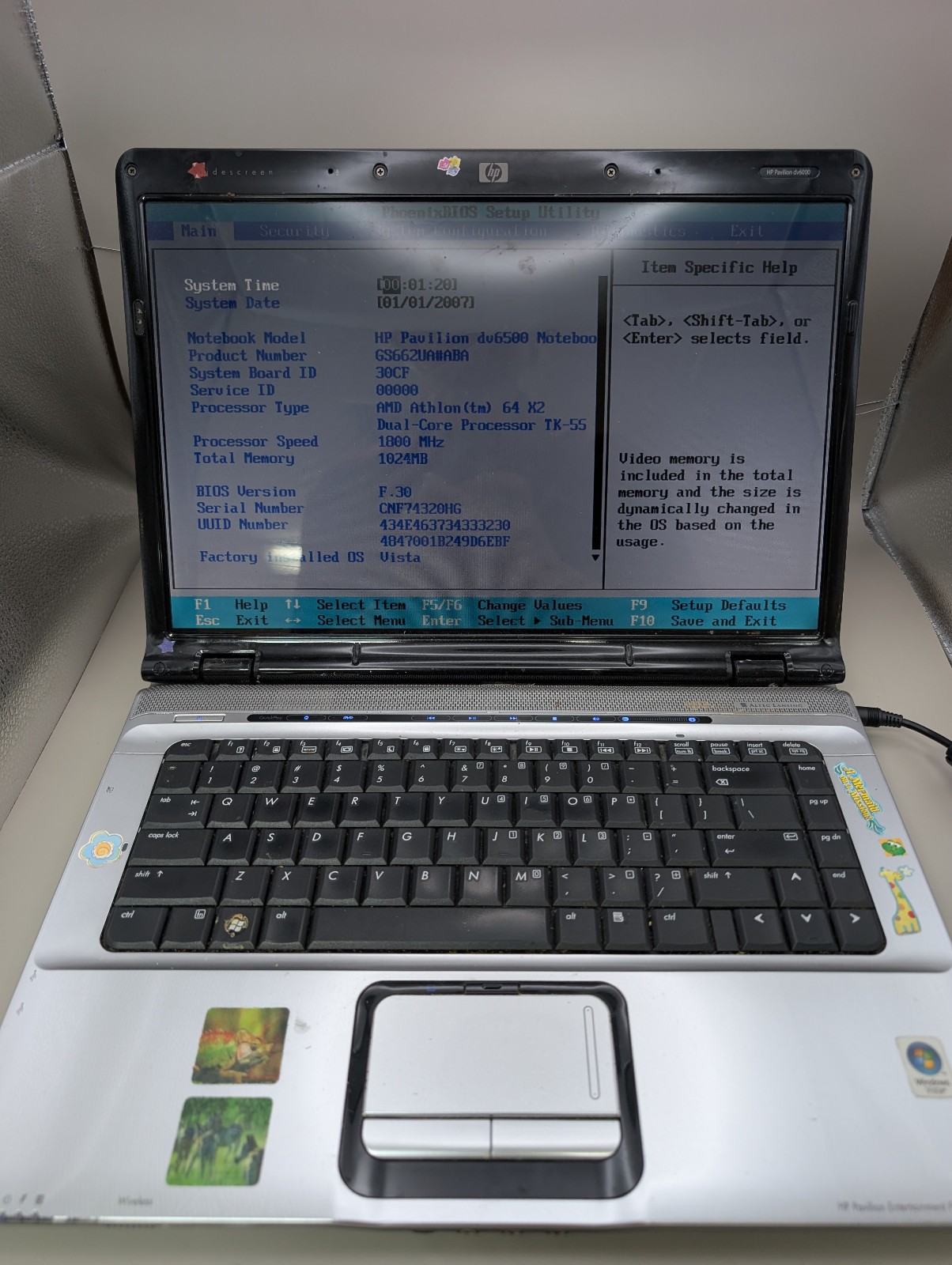 HP Pavilion dv6500 AMD Athlon Dual Core TK55 1.8GHz 1 GB RAM NO HDD NO BATTERY