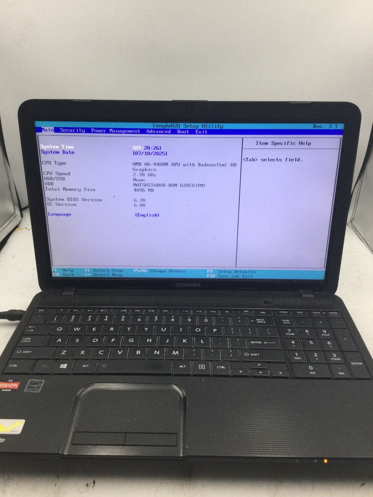 TOSHIBA SATELLITE C855D – BOOTS TO BIOS – AMD A6 – 4GB RAM – READ DESCRIP – BB