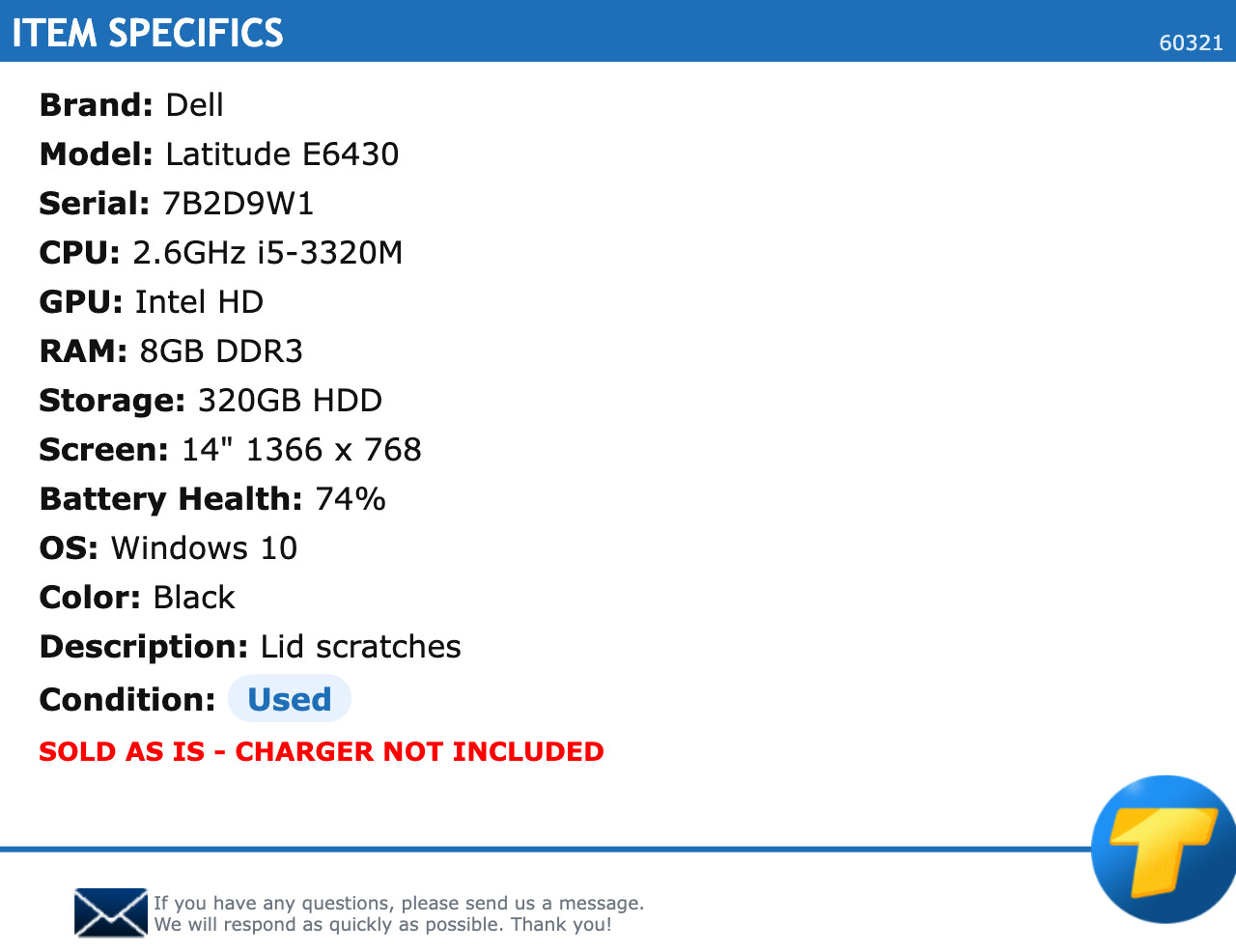 Dell Latitude E6430 14″ HD 2.6GHz i5 8GB RAM 320GB HDD Windows 10
