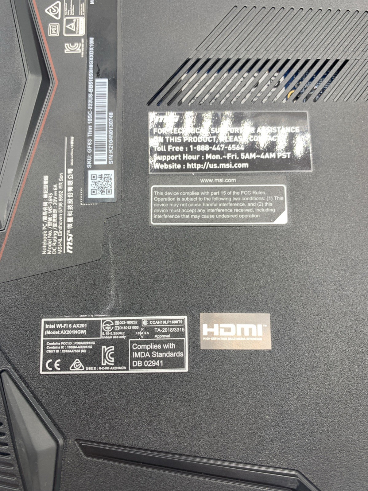MSI Laptop GF63 Thin 10sc-222us-BB51050H8GXXDX10M