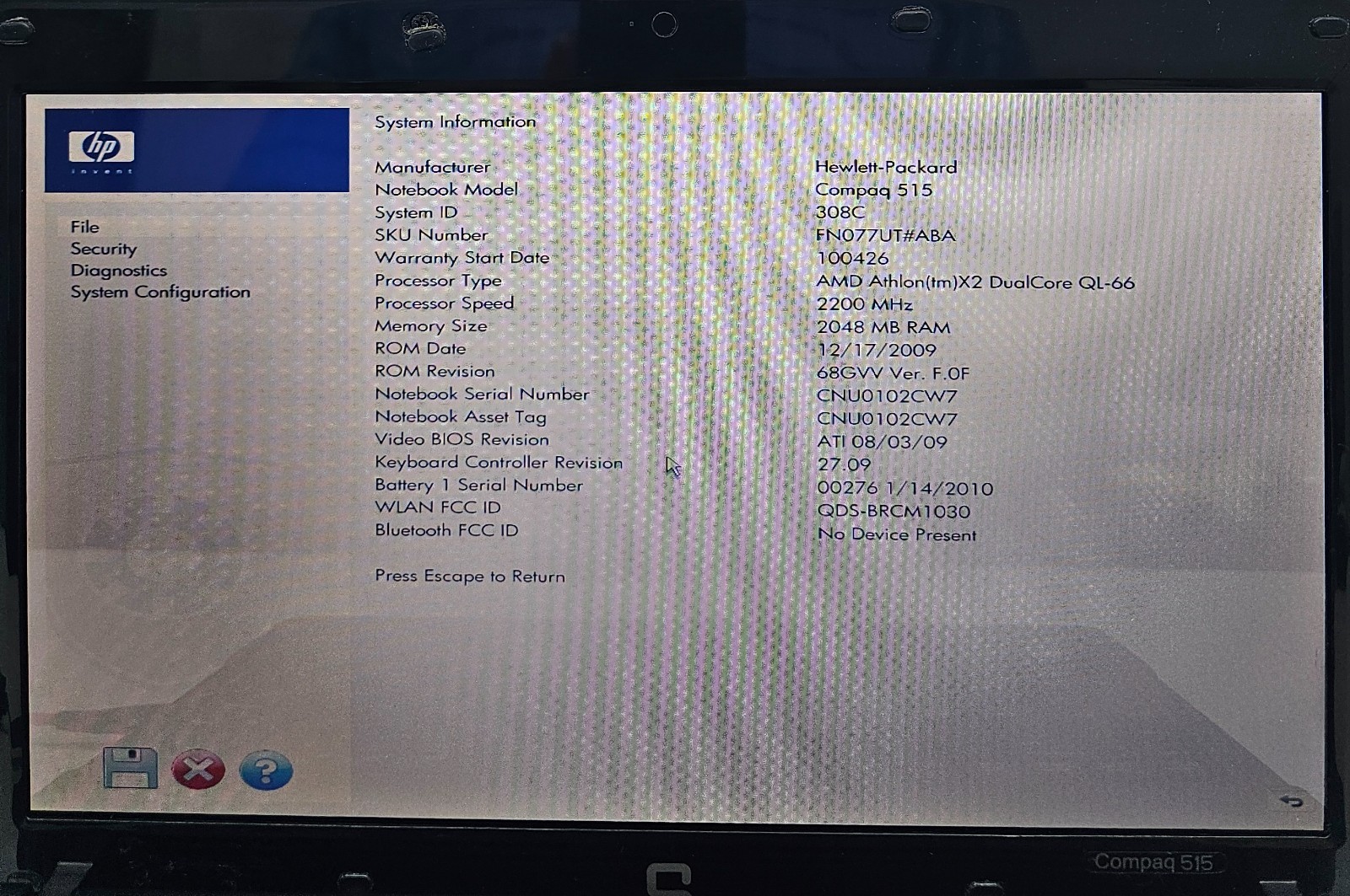 HP Compaq 515 Laptop AMD Athlon X2 Dual Core QL-66 2GB Ram No HD/OS (FL)
