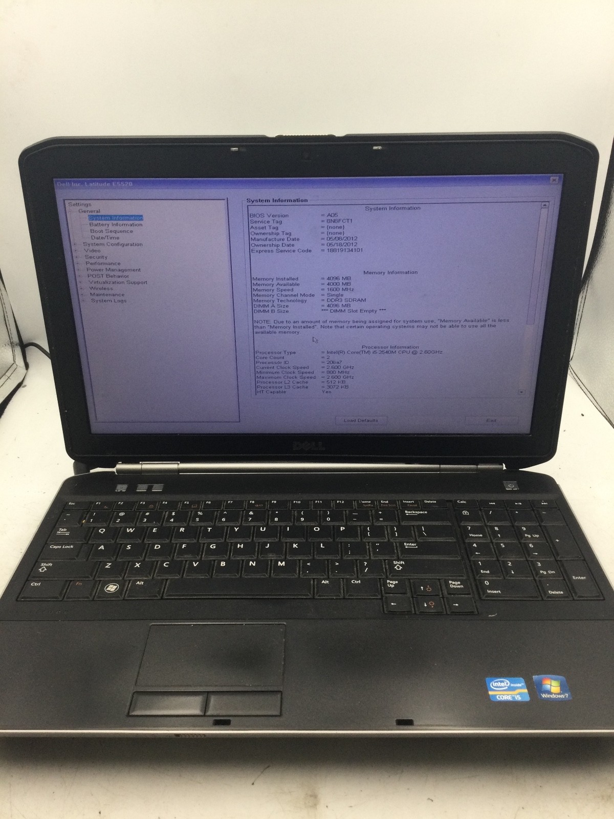 DELL LATITUDE E5520 – BOOTS TO BIOS – INTEL I5 2540 – NO RAM – 15″ – READ – BB!