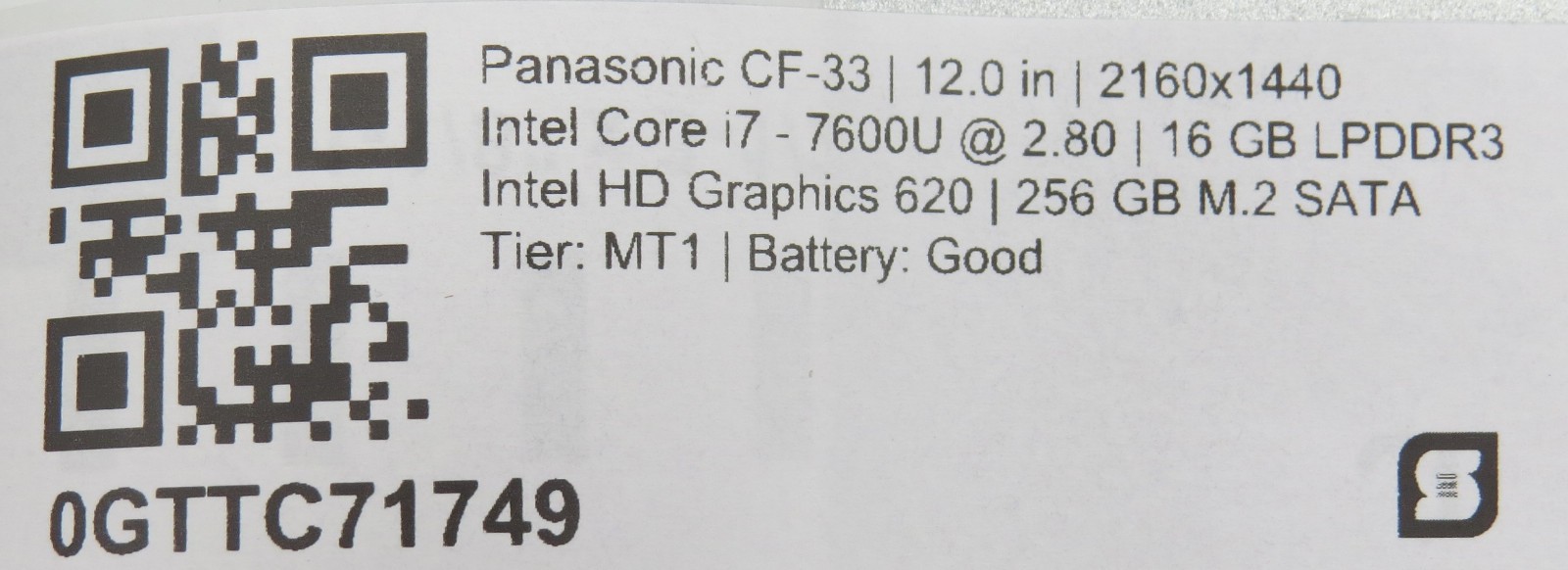 Panasonic CF-33 Toughbook i7-7600U@2.8 | 16/256GB SSD | 12″ Touch | No OS/AC