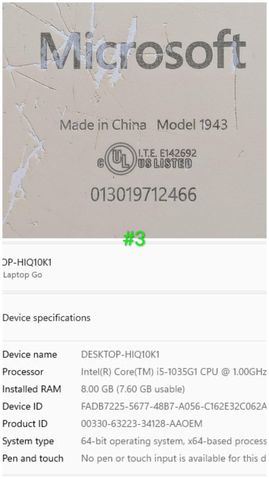 MS Surface Laptop Go 1943 12.4″1536×1024 i5-1035G1 1GHz 8GB 128GB W11P +PA AS-IS
