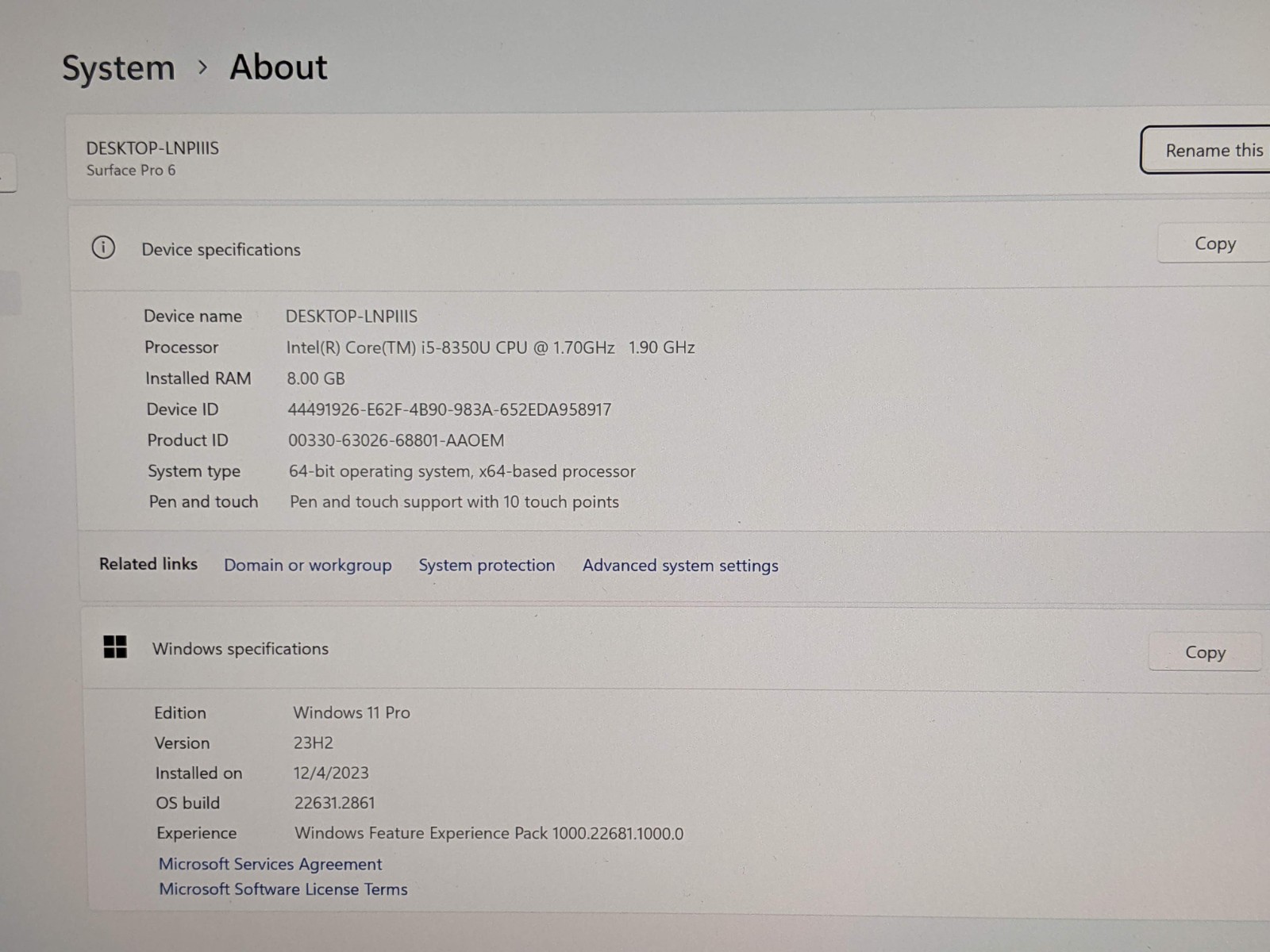 MS Surface Pro 6 1796 12.3″2736×1824 TOUCH Core i5-8th 1.7GHz 8GB 256GB SSD W11P