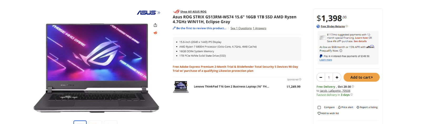 Asus ROG STRIX G513RM-WS74 15.6″ GTX 3060 16GB 1TB SSD AMD Ryzen 7 6800H WIN11H