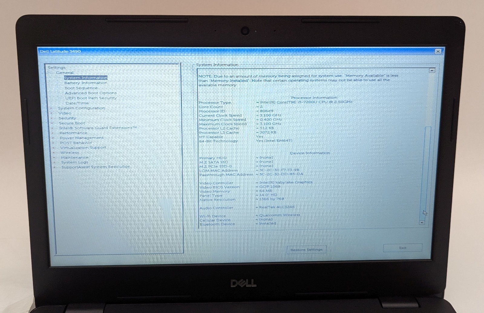 Incomplete Dell Latitude 3490 14″ Laptop Intel Core i5-7200U 2.50GHz 8GB RAM