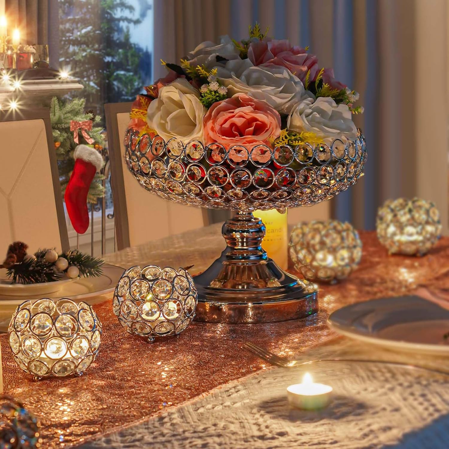 Hollow-Carved Crystal Fruit Bowl for Table Centerpiece – Silver