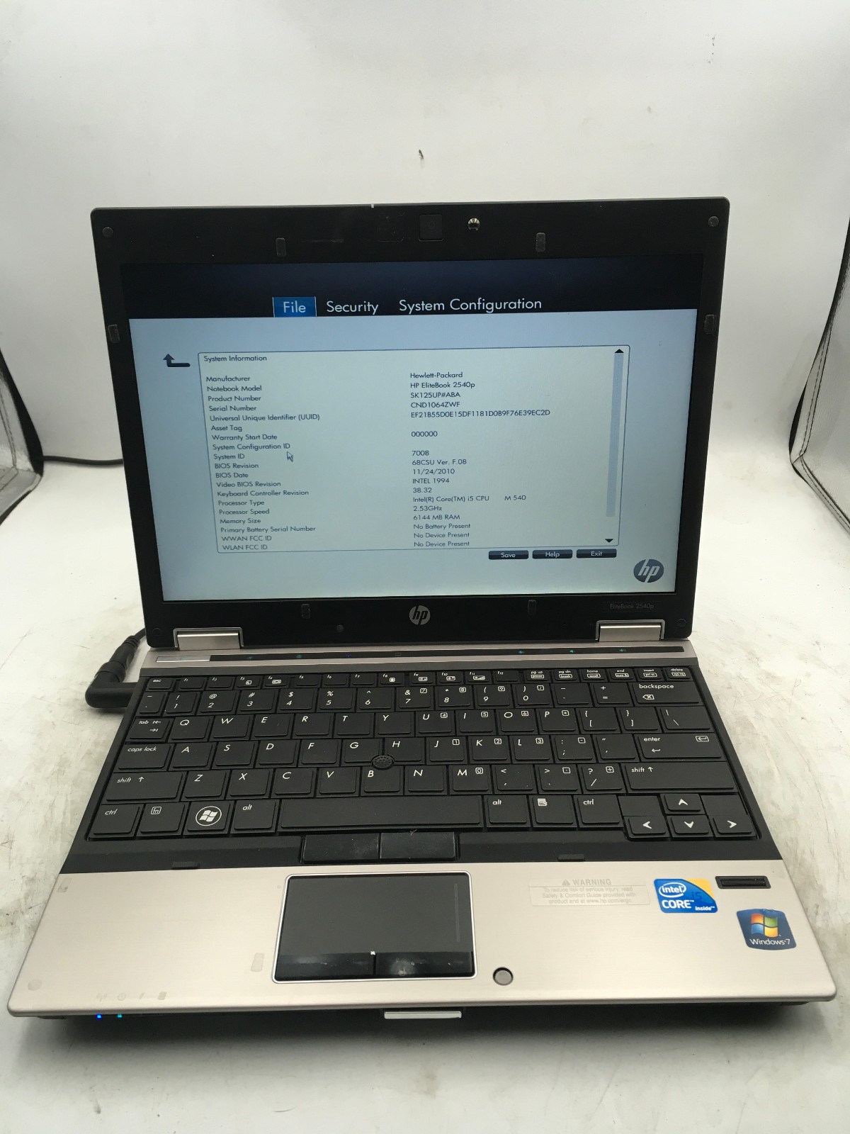 HP ELITEBOOK 2540P – BOOTS TO BIOS – INTEL I5 M540 – 2GB RAM – READ DESCRIP – BB