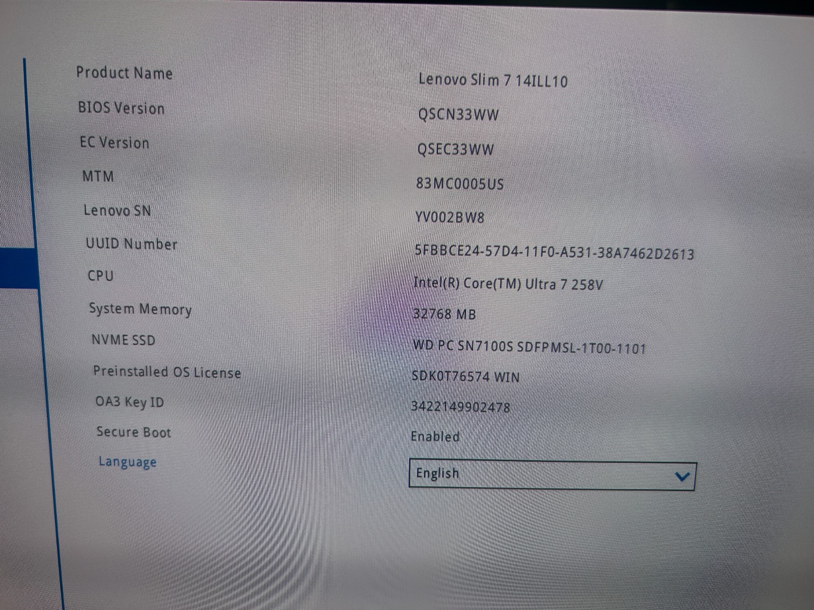 Lenovo Slim 7 14ILL10, Intel Core Ultra 7 258V, 2.20 GHz, 32 GB RAM, 1 TB NVMe