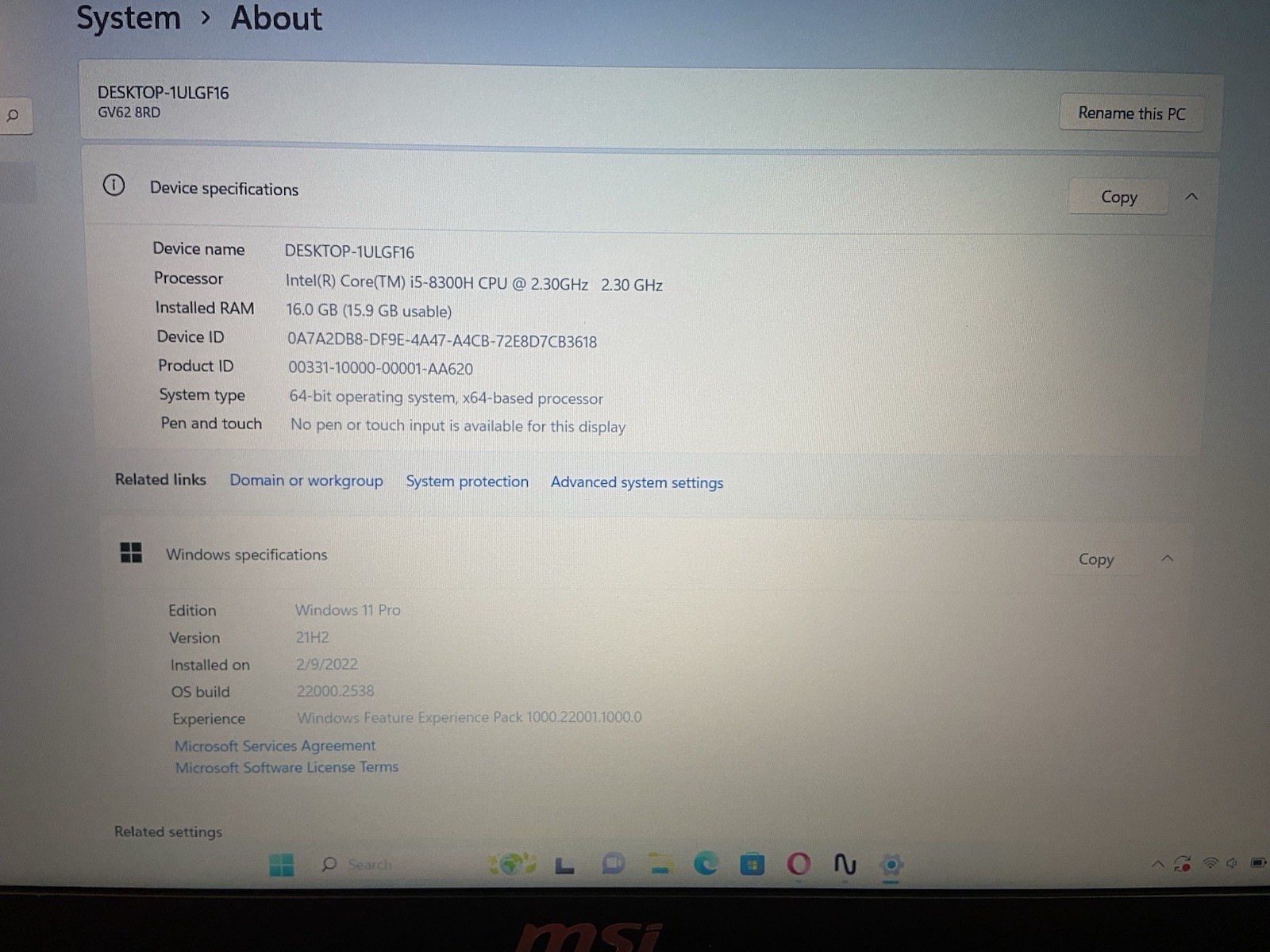 MSI GV62 8RD i5-8300H 2.3ghz 16gb ram 1tb ssd