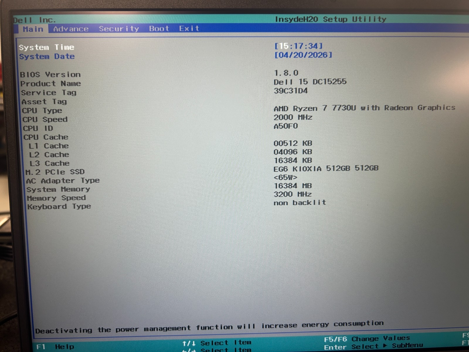 DELL 15 DC15255 G8MK9, AMD Ryzen 7 7730U, 2.00 GHz, 16 GB RAM, 512 GB NVMe SSD