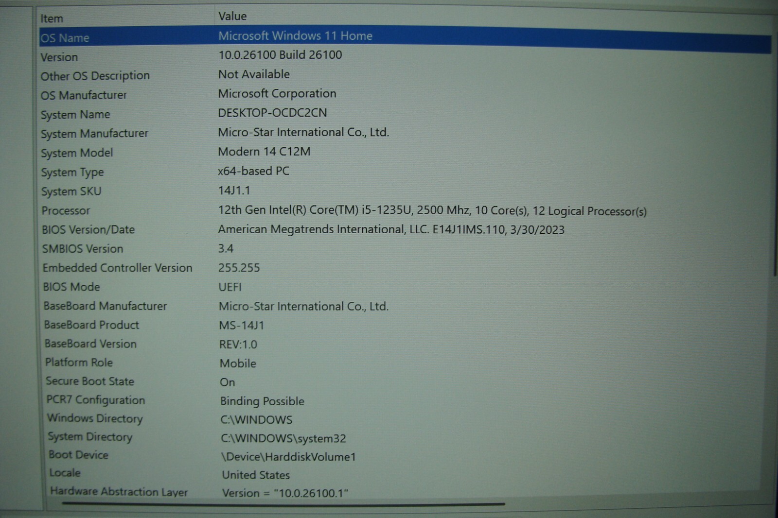 MSI Modern 14 C12M 14”FHD core i5-1235U 2.5GHz 8GB 512GB 95% Battery +Charger
