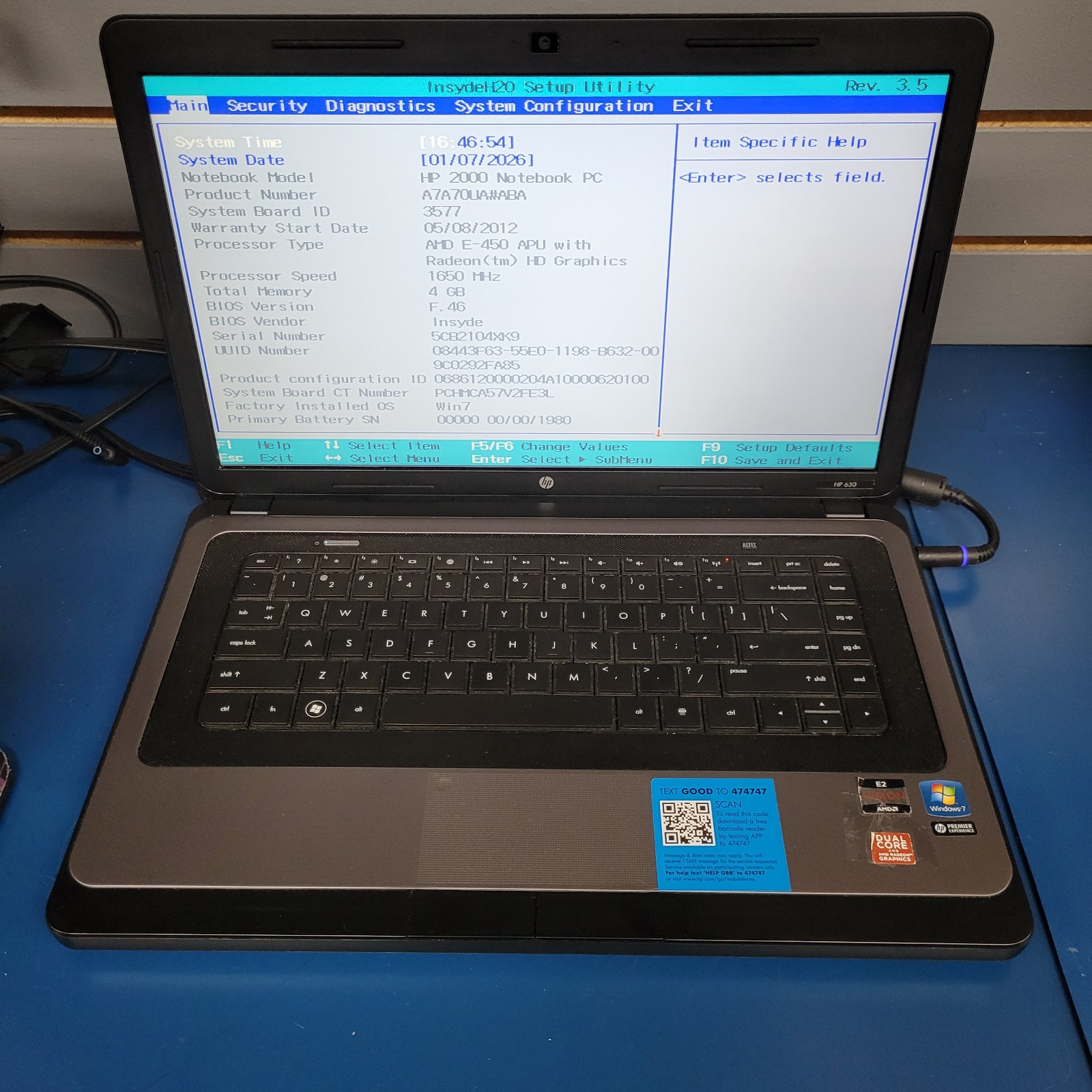 HP Pavilion G60 /AMD E-450 / 4 GB RAM / NO HDD