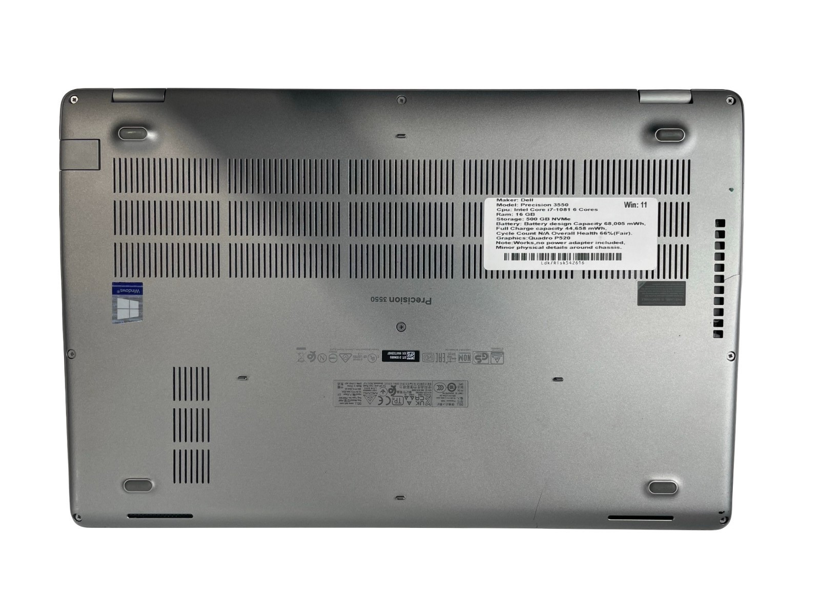 Dell Precision 3550 ,i7-1081 ,16GB RAM , 500 GB NVME, WIN 11, W/OUT AC