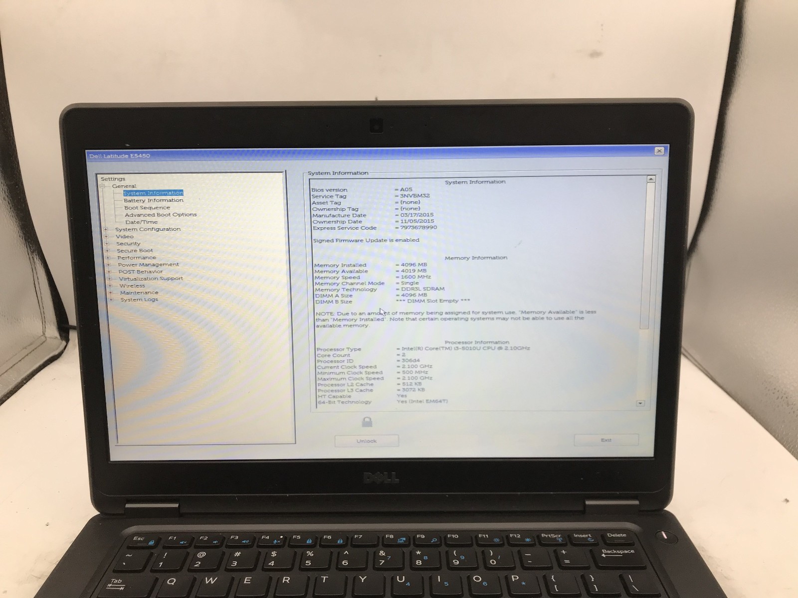 DELL LATITUDE E5450 – BOOTS TO BIOS/LOCKED – INTEL I3 5010U – NO RAM – READ – BB