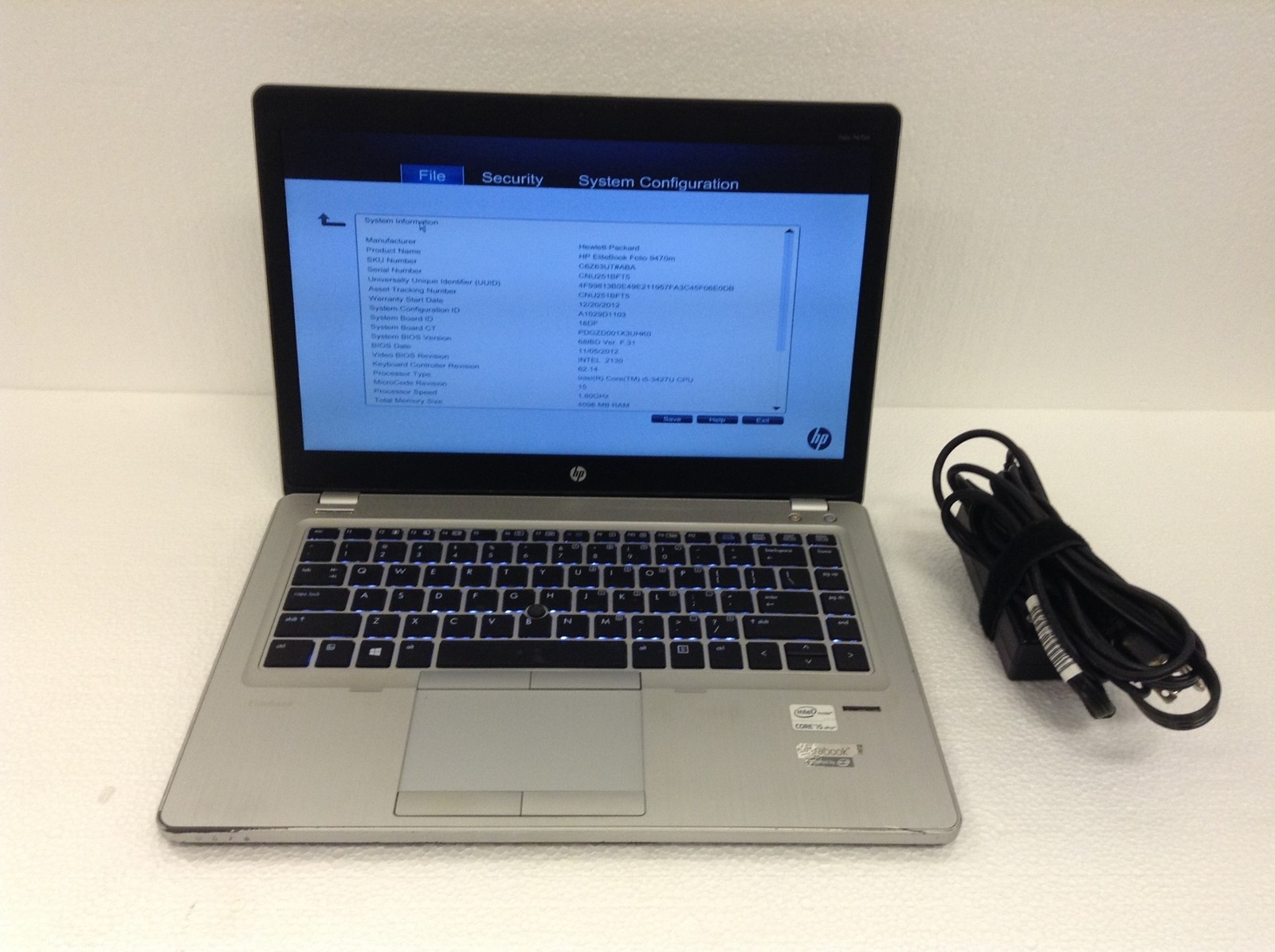 HP EliteBook Folio 9470m 14″ Laptop i5-3427U 1.8GHz 4GB 512GB Backlit,Ac Adapter