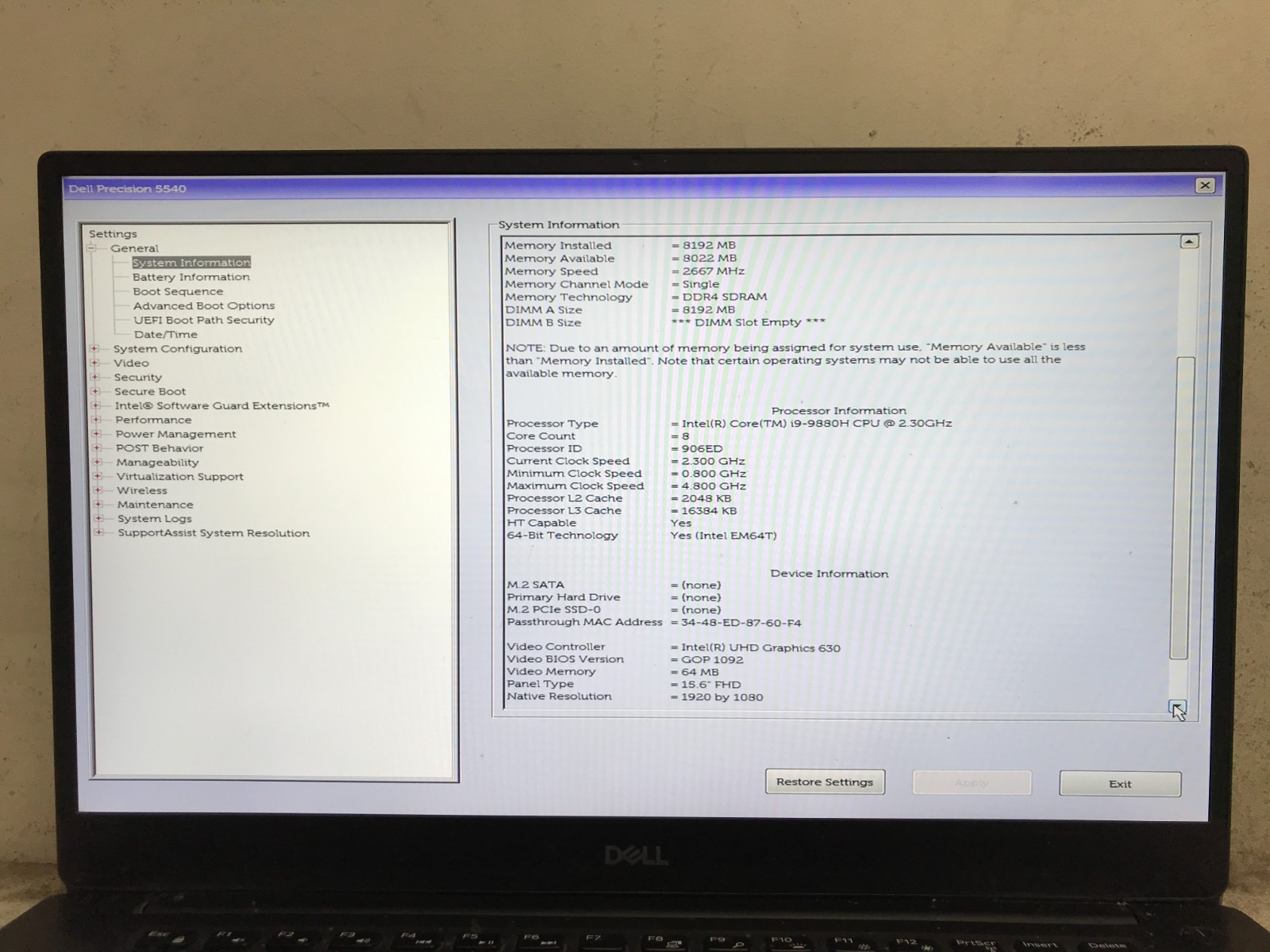 Dell Precision 5540 / Intel Core i9-9880H 2.30GHz / 8GB RAM / No SSD