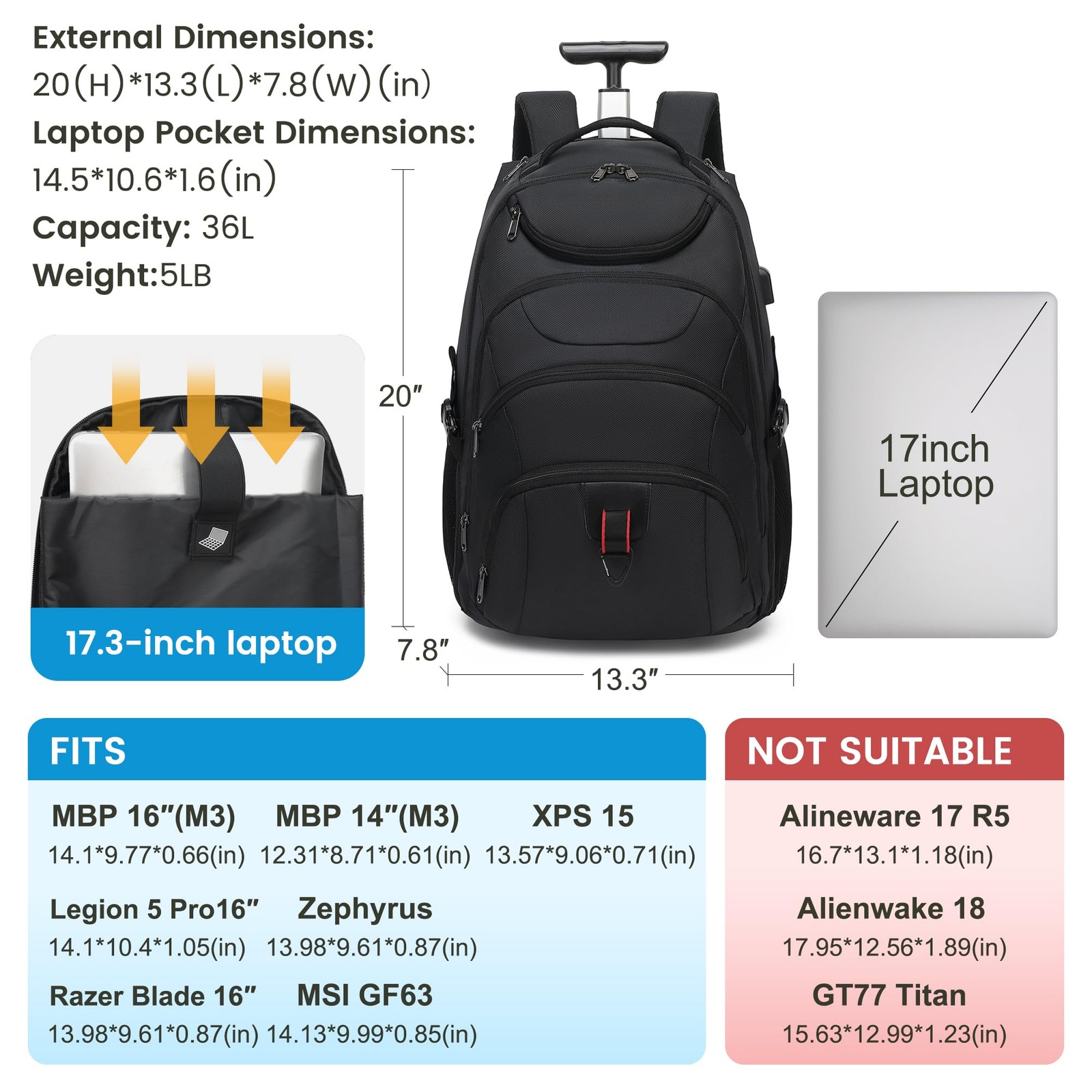 Boavan Rolling Backpack,17 inch Water Resistant Wheeled Backpack,Carry on Luggag