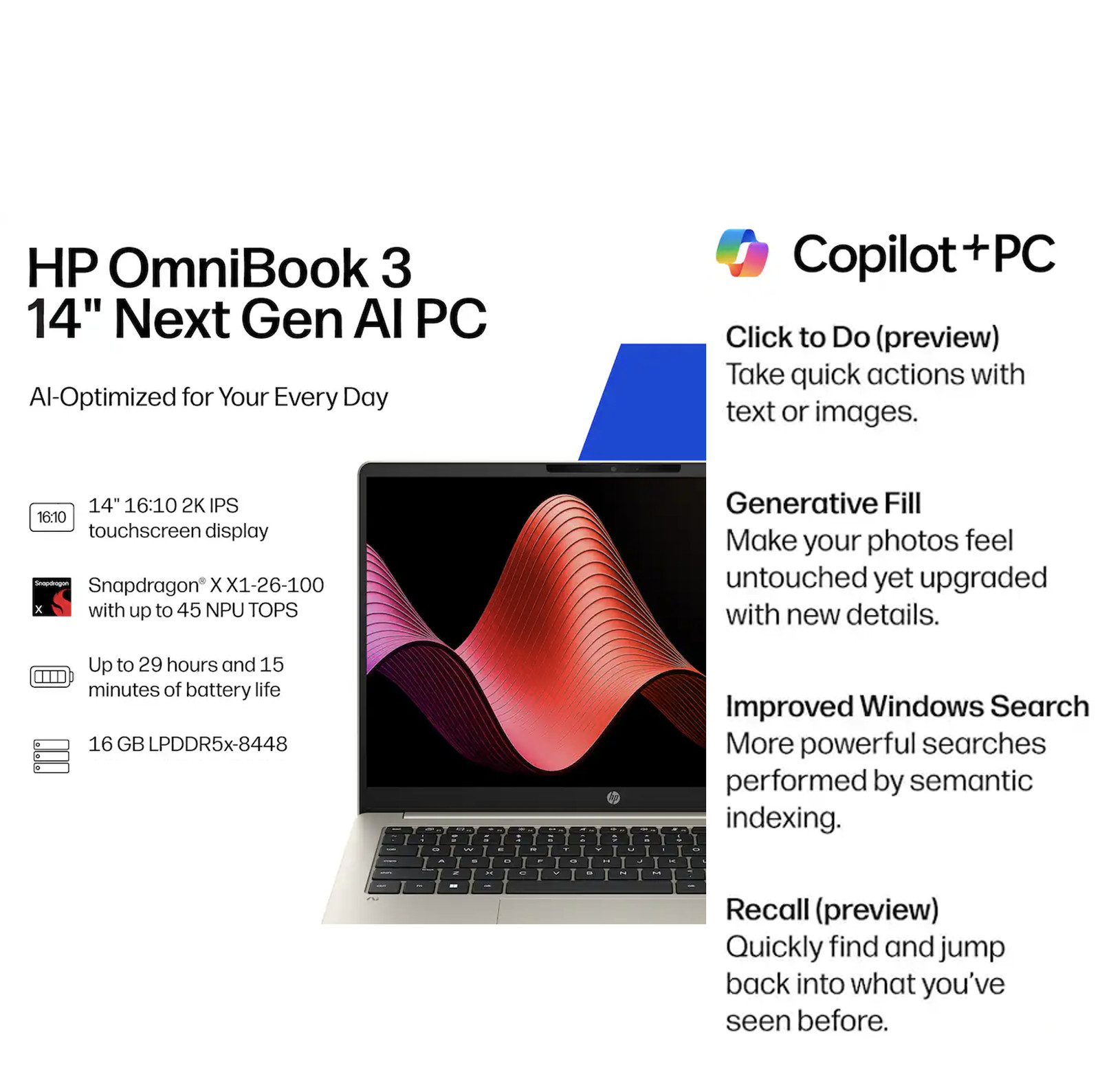 HP OmniBook 14″ 1920×1200 Snapdragon X X1-26-100 16GB RAM 1TB SSD Windows 11 Pro