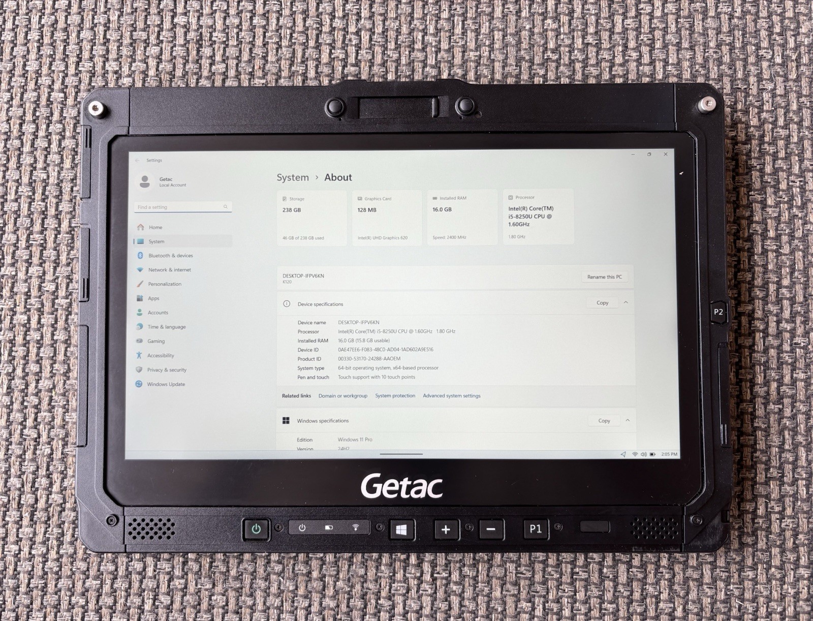 Getac K120 Rugged Tablet Touch i5-8250U 1.60Ghz 16GB 256GB SSD Win 11 pro