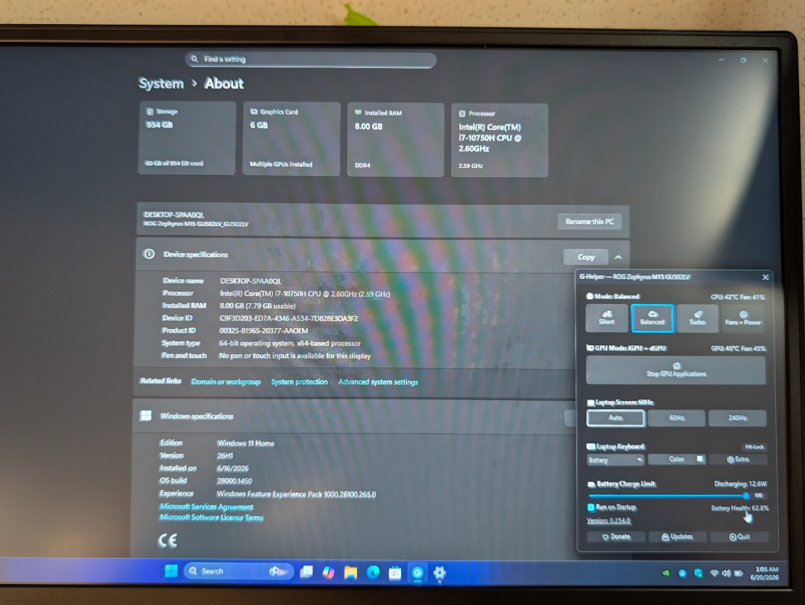 ASUS ROG Zephyrus M15 GU502L Intel i7-10750H 24GB DDR4 1TB SSD 6GB RTX 2060 GOOD