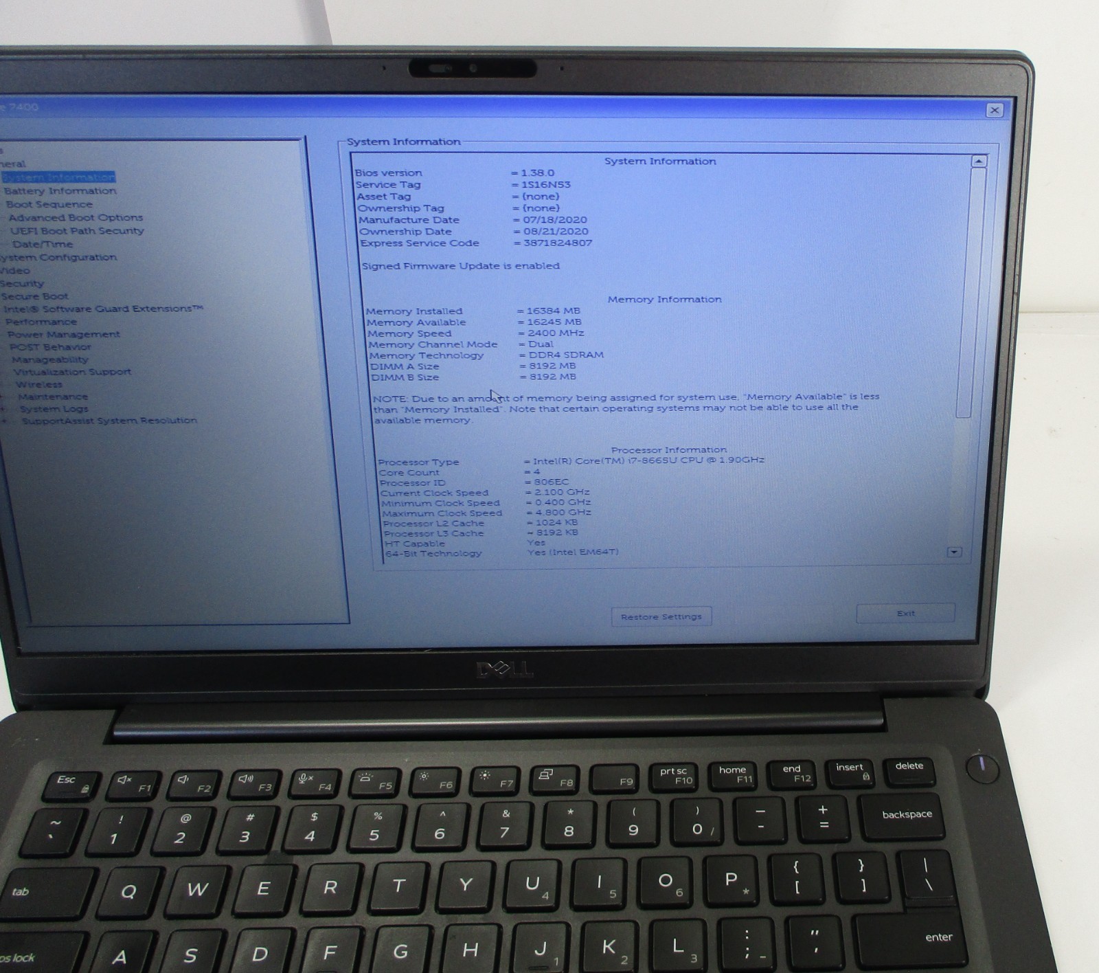 Dell Latitude 7400 Laptop Intel i7-8665U CPU, 16GB Ram, No SSD