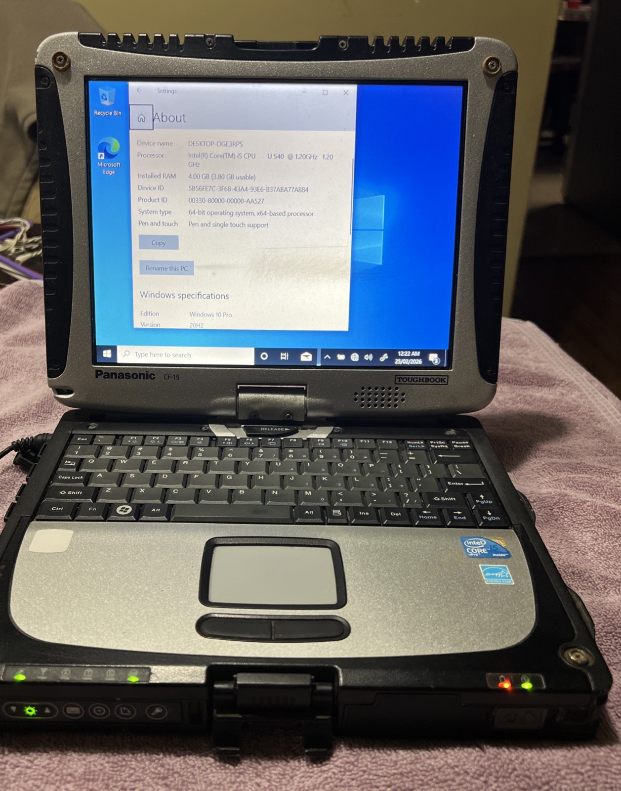 Panasonic Toughbook CF-19 Laptop Intel Core i5 Windows 10 Pro 4GB Ram 150GB HD