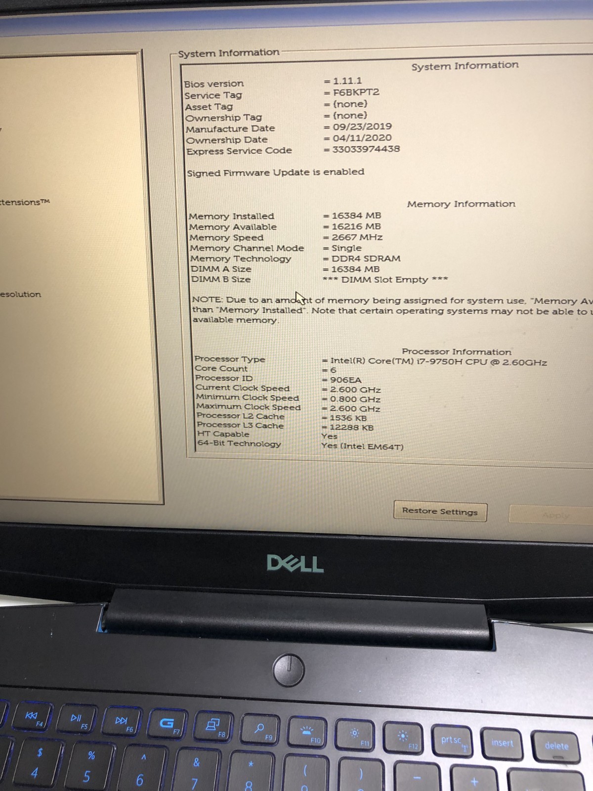 Dell G3 3590 Gaming Laptop i7-9750H 16GB 512GB SSD GTX 1660 Ti FHD