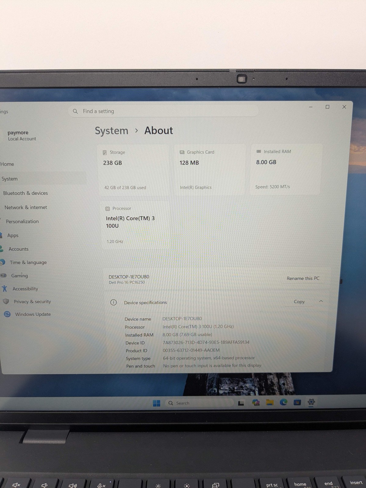 Dell Pro PC16250 16″ Core 3 100U 1.2GHz 8GB RAM 256GB SSD
